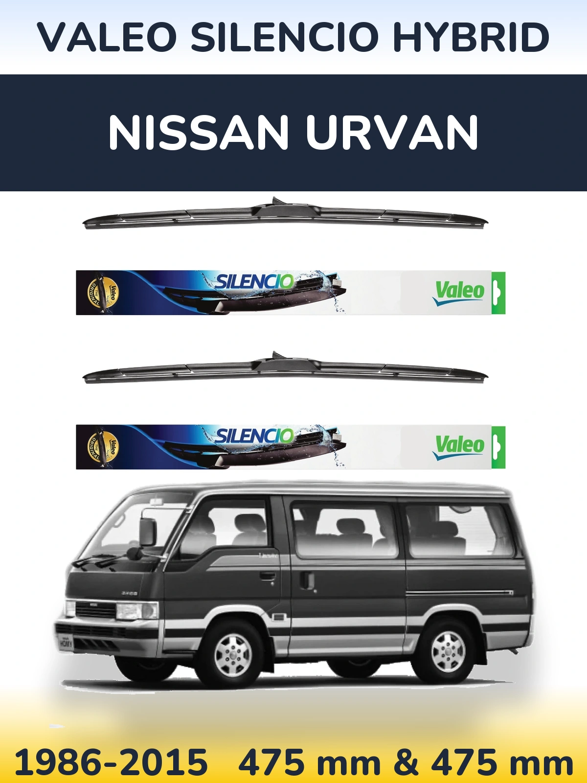 Front wiper blade set Valeo Silencio Hybrid 475 & 475 mm for Nissan Urvan 1986-2015