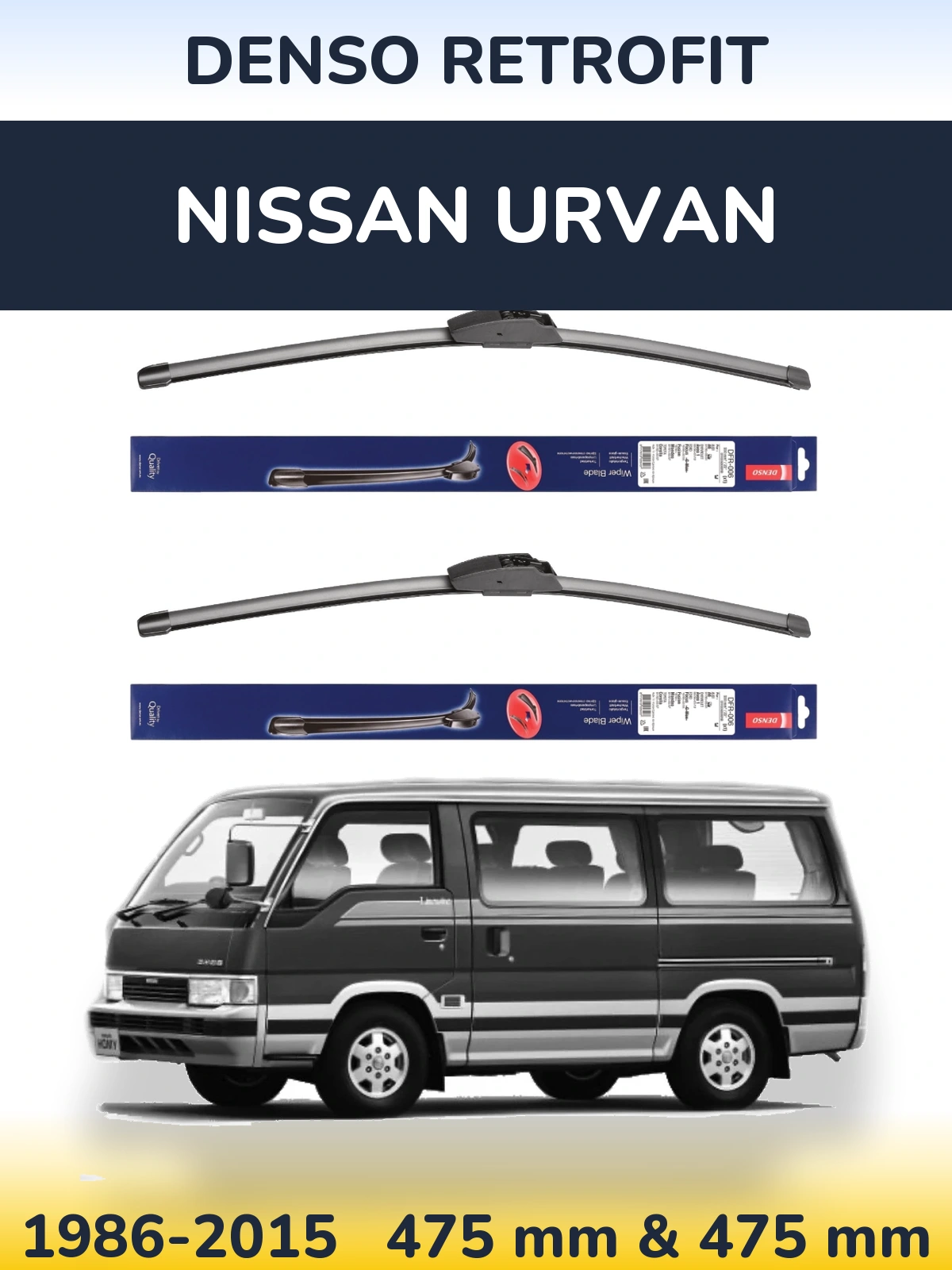 Front wiper blade set Denso Retrofit 475 & 475 mm for Nissan Urvan 1986-2015