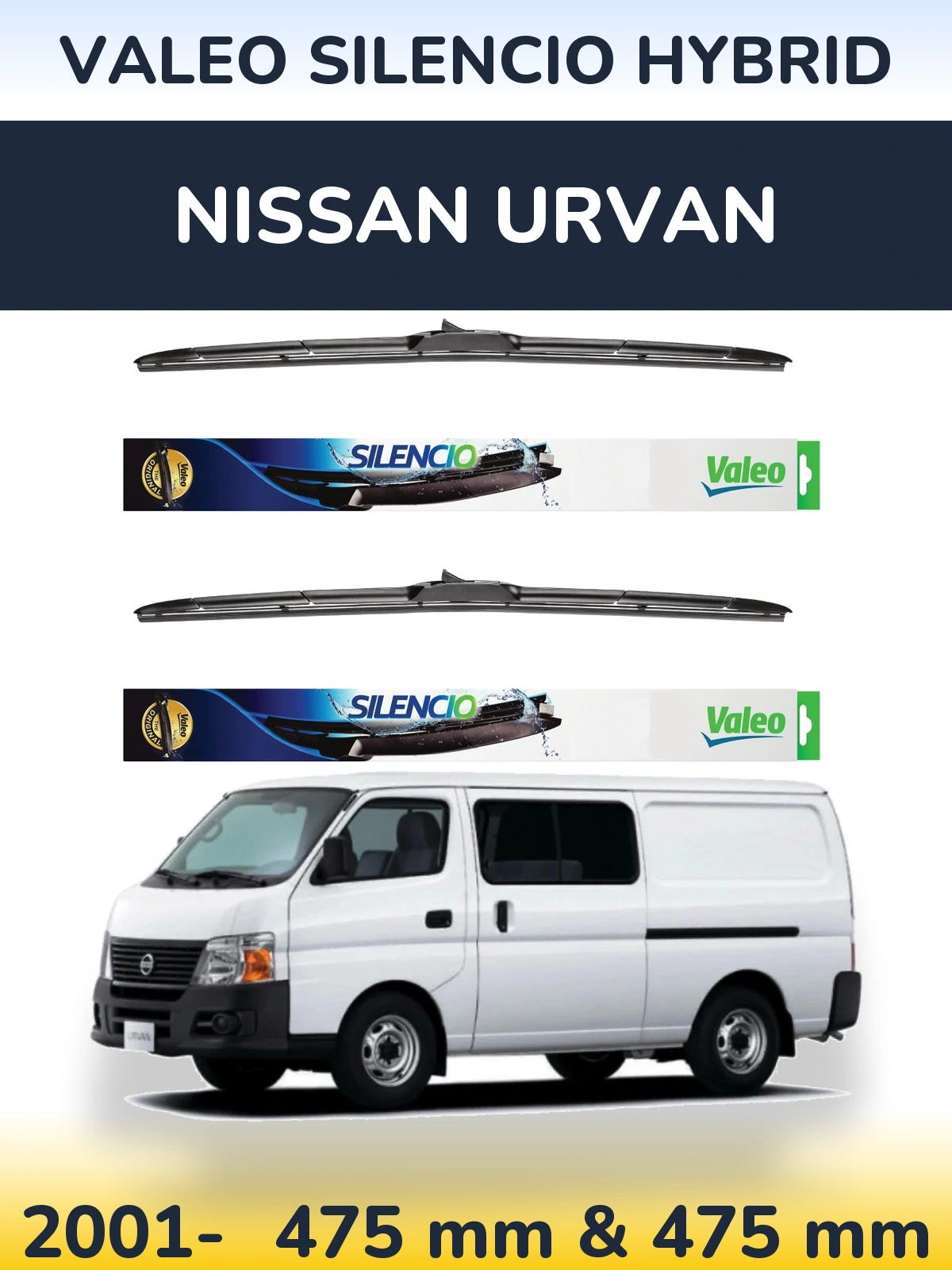 Комплект передніх щіток Valeo Silencio Hybrid 475 & 475 мм для Nissan Urvan 2001-2026