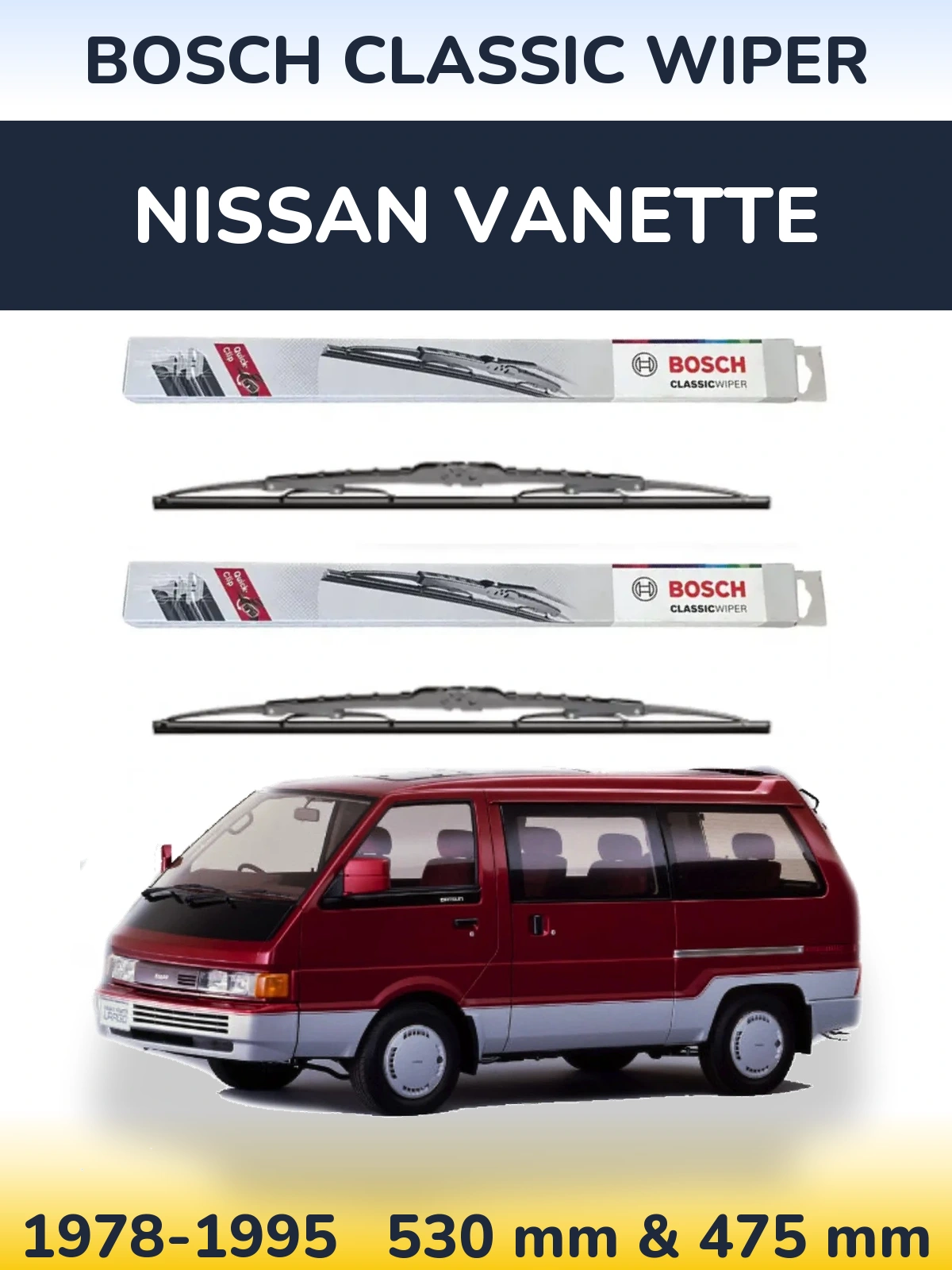 Комплект передніх щіток BOSCH Classic Wiper 530 & 475 мм для Nissan Vanette 1978-1995