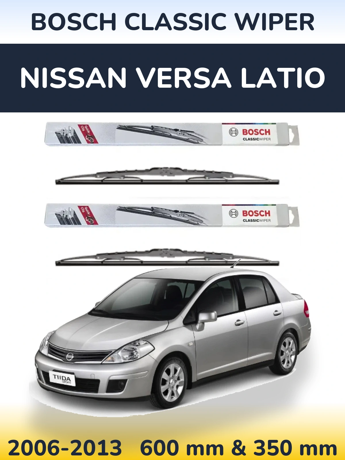 Front wiper blade set BOSCH Classic Wiper 600 & 340 mm for Nissan Versa Latio 2006-2013