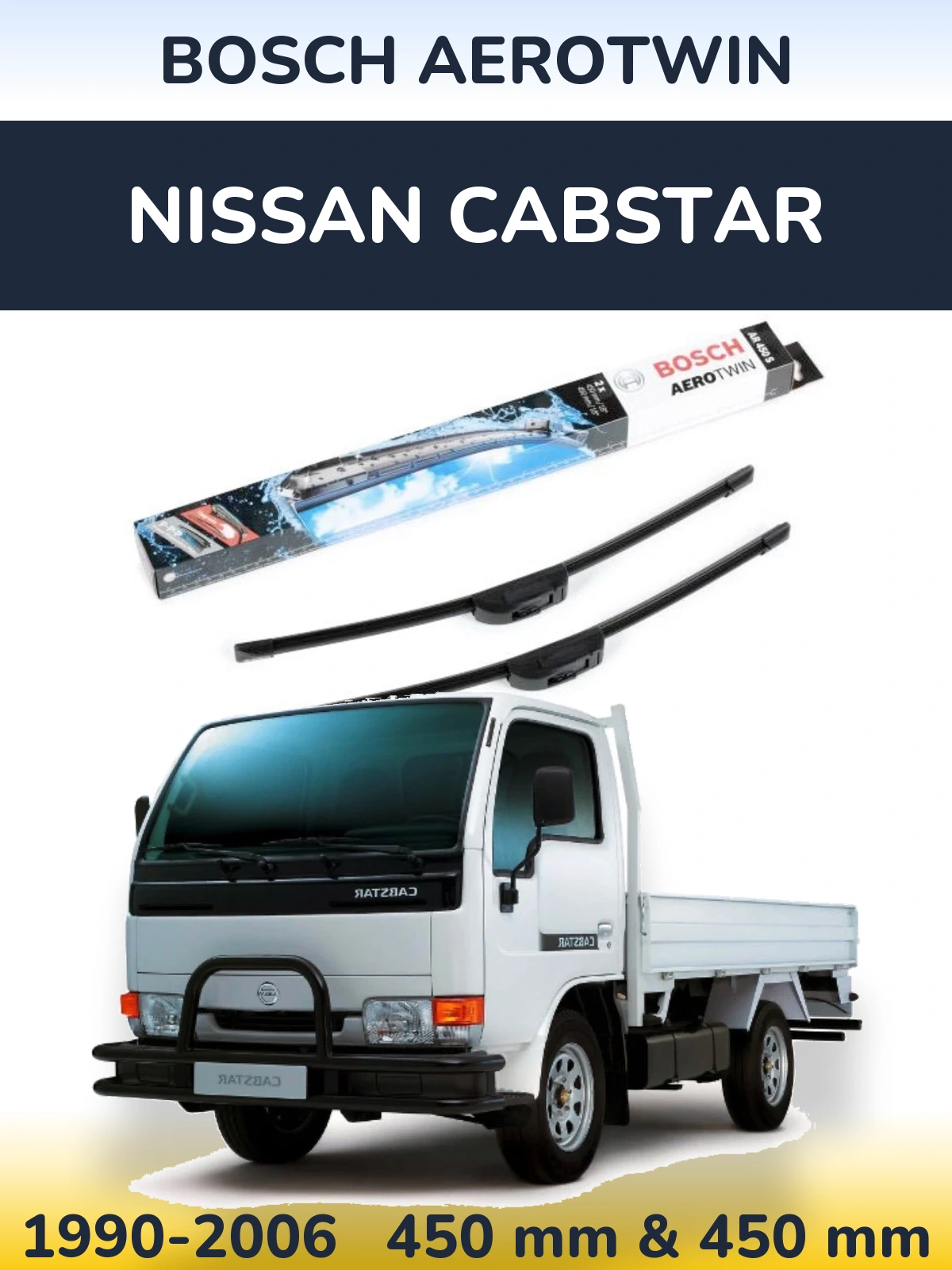 Front wiper blade set BOSCH AeroTwin 450 & 450 mm for Nissan Cabstar 1990-2006