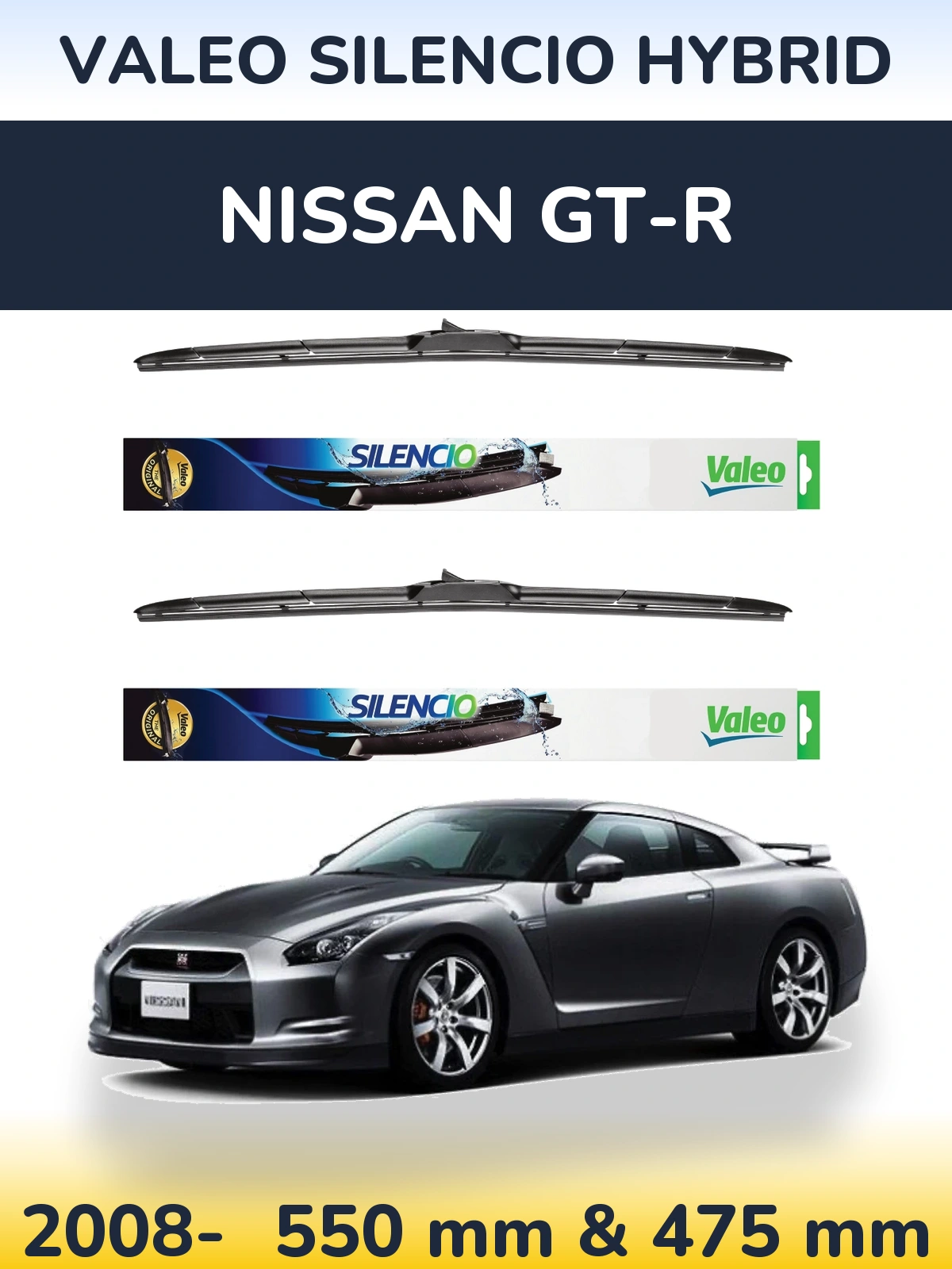 Front wiper blade set Valeo Silencio Hybrid 550 & 475 mm for Nissan GT-R 2008-2026