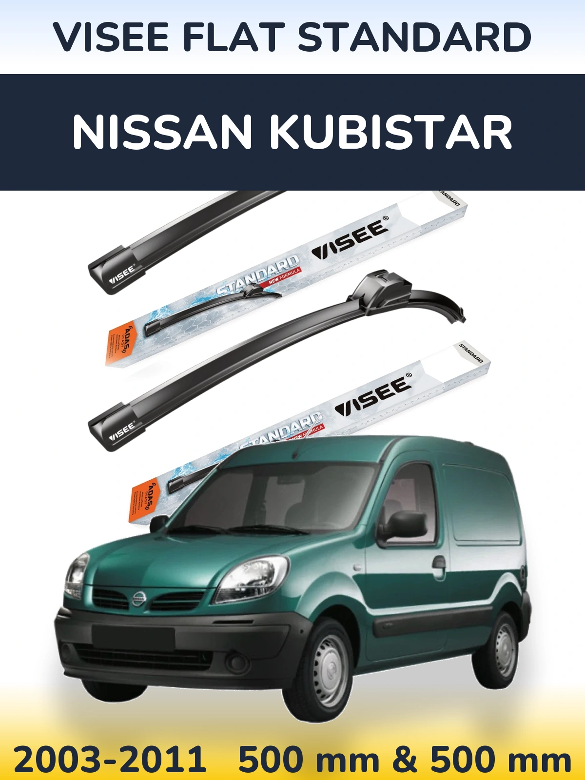 Front wiper blade set VISEE FLAT STANDARD 500 & 500 mm for Nissan Kubistar 2003-2011