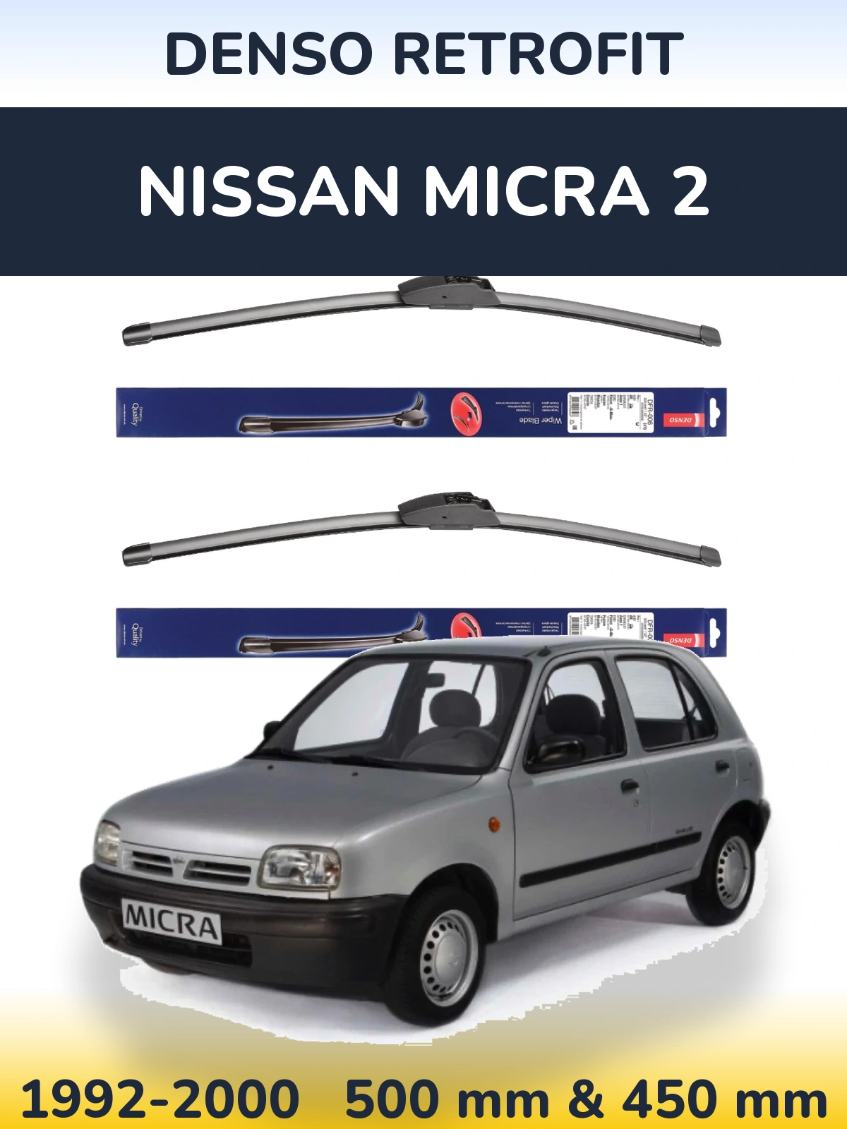 Front wiper blade set Denso Retrofit 500 & 450 mm for Nissan Micra 2 1992-2000