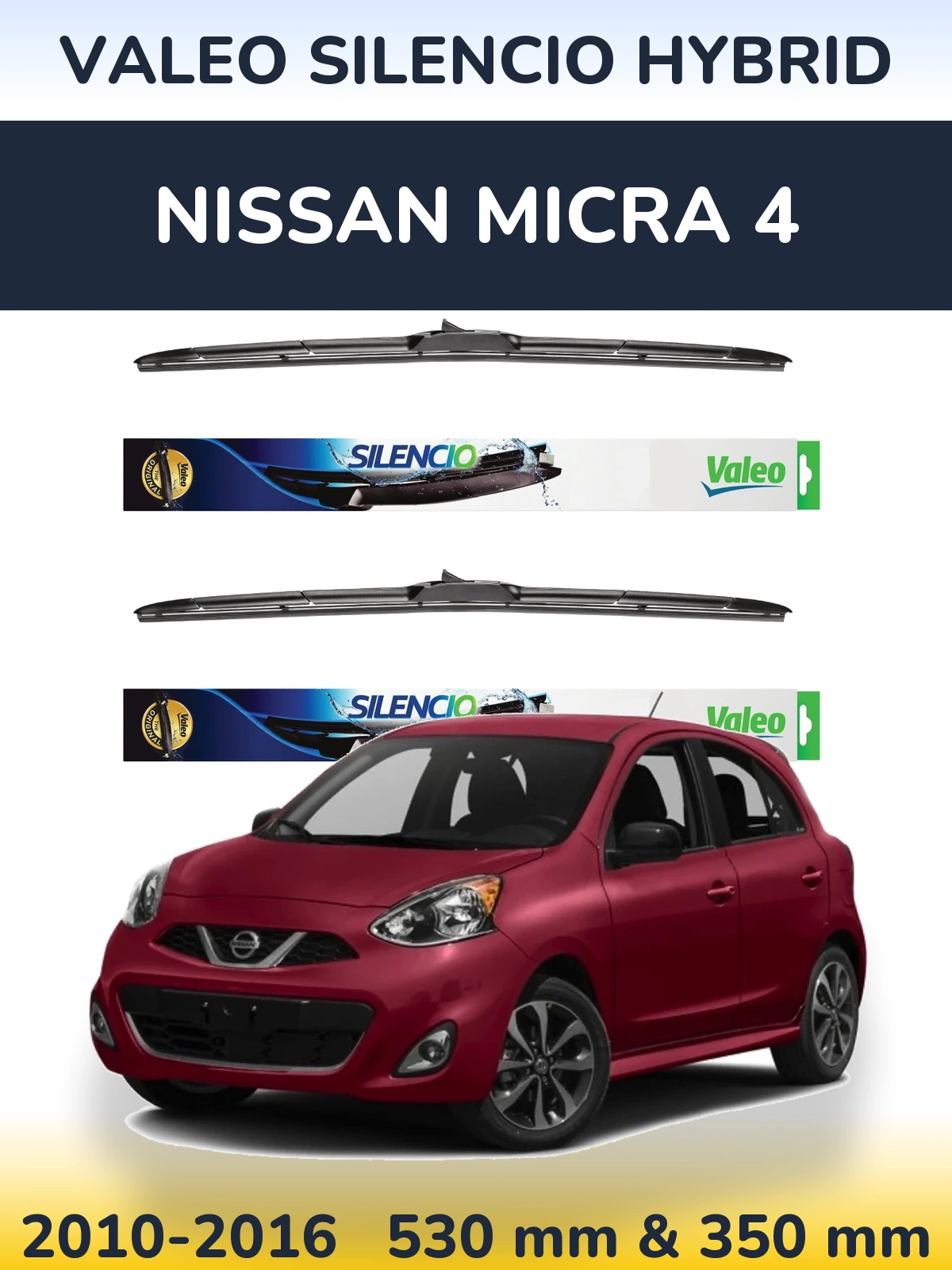 Front wiper blade set Valeo Silencio Hybrid 530 & 350 mm for Nissan Micra 4 2010-2016