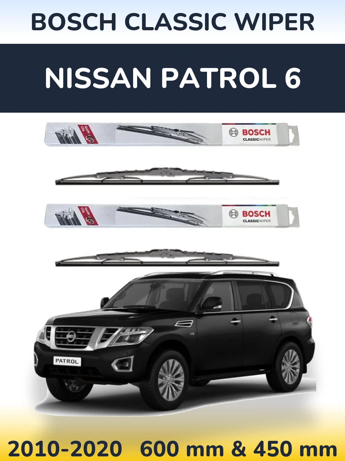 Front wiper blade set BOSCH Classic Wiper 600 & 450 mm for Nissan Patrol 6 2010-2020