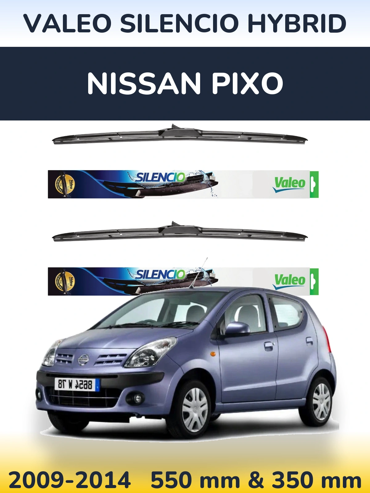Front wiper blade set Valeo Silencio Hybrid 550 & 350 mm for Nissan Pixo 2009-2014