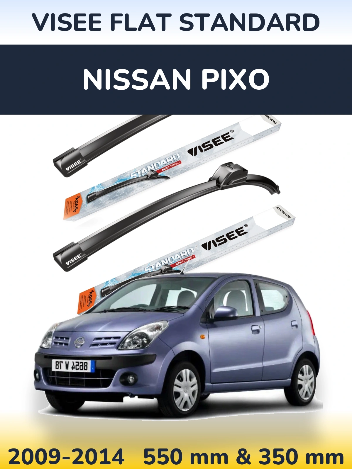 Front wiper blade set VISEE FLAT STANDARD 550 & 350 mm for Nissan Pixo 2009-2014