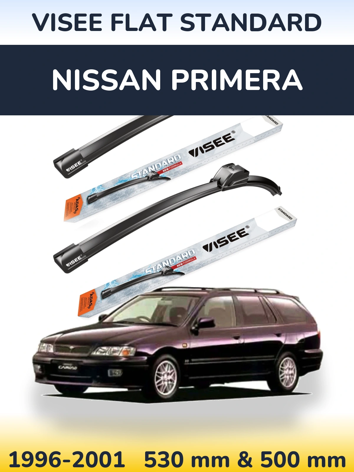 Комплект передніх щіток VISEE FLAT STANDARD 530 & 500 мм для Nissan Primera 1996-2001