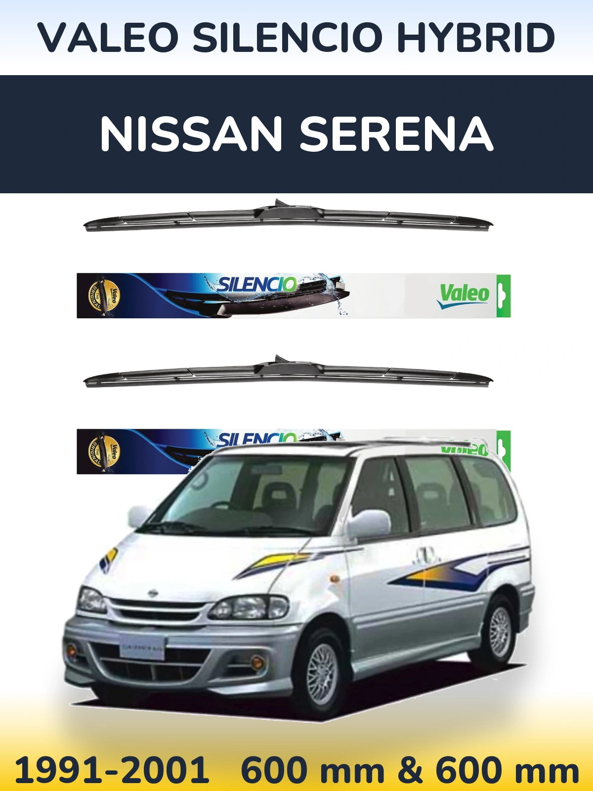 Front wiper blade set Valeo Silencio Hybrid 600 & 600 mm for Nissan Serena 1991-2001