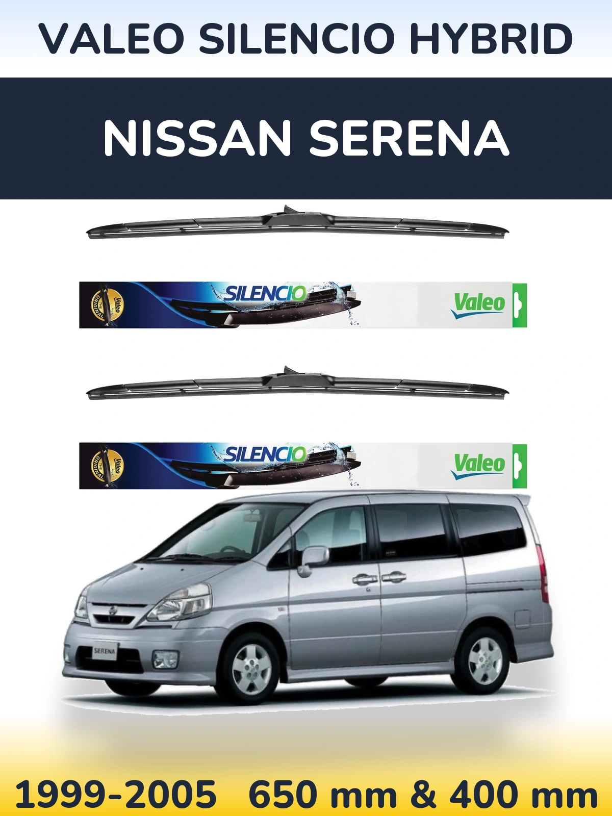 Front wiper blade set Valeo Silencio Hybrid 650 & 400 mm for Nissan Serena 1999-2005