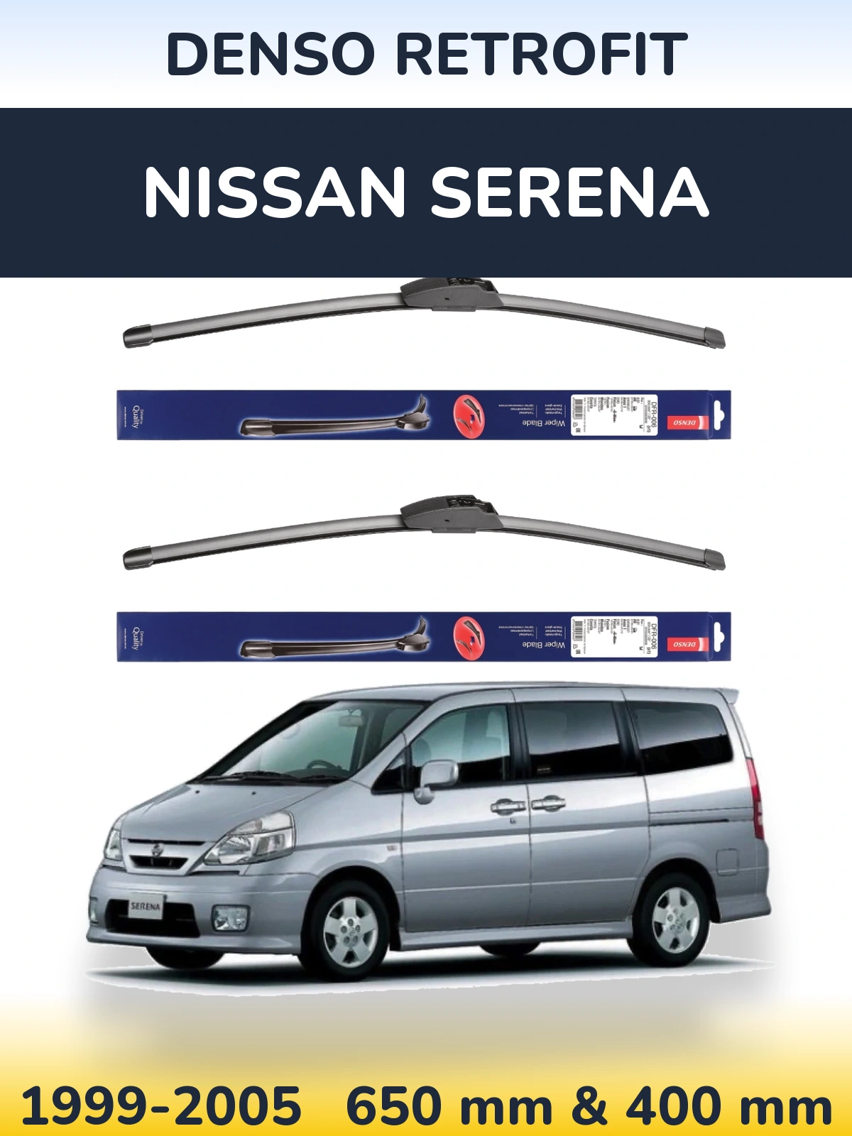 Front wiper blade set Denso Retrofit 650 & 400 mm for Nissan Serena 1999-2005