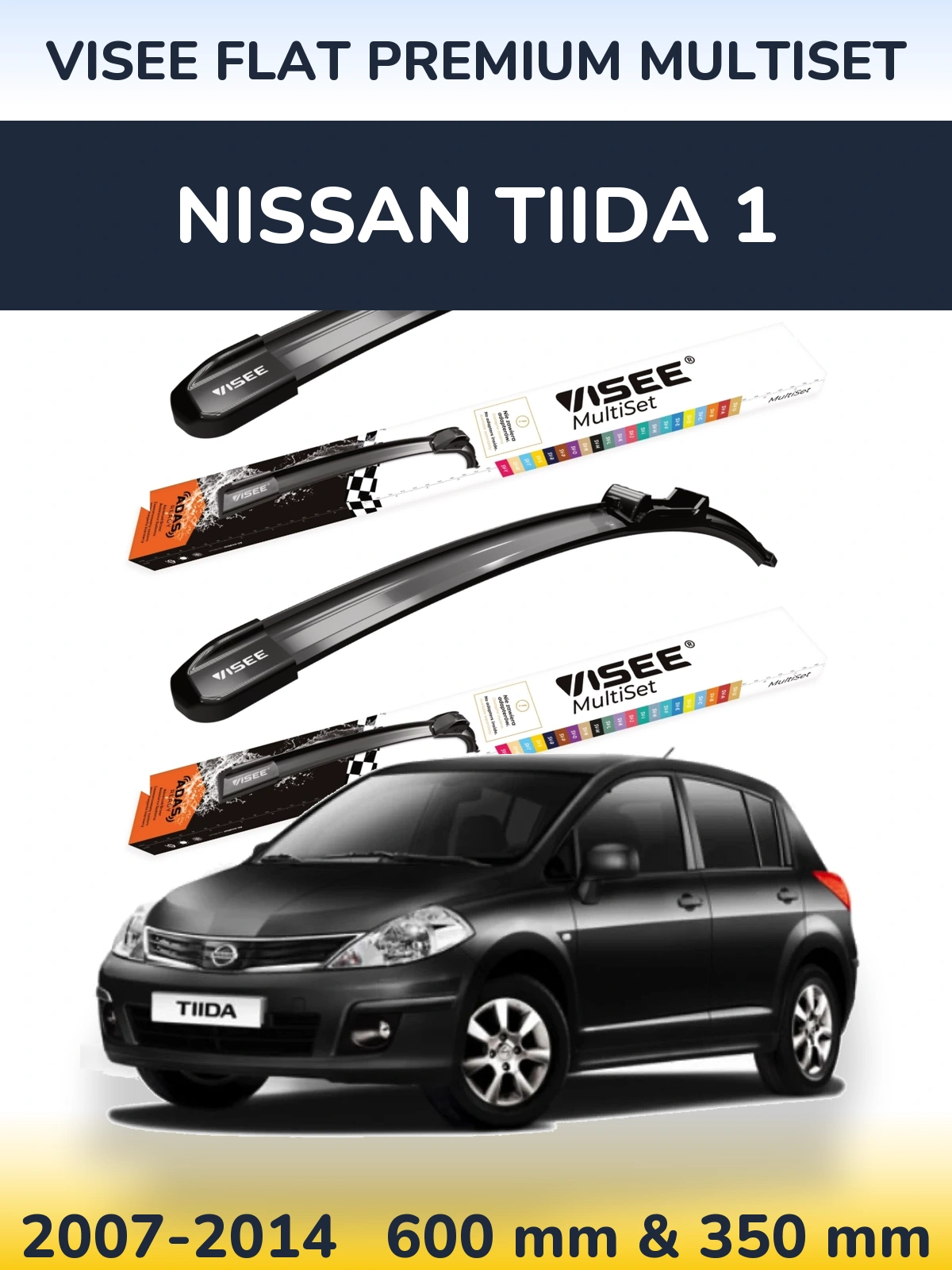 Front wiper blade set VISEE FLAT PREMIUM MultiSet 600 & 350 mm for Nissan Tiida 1 2007-2014
