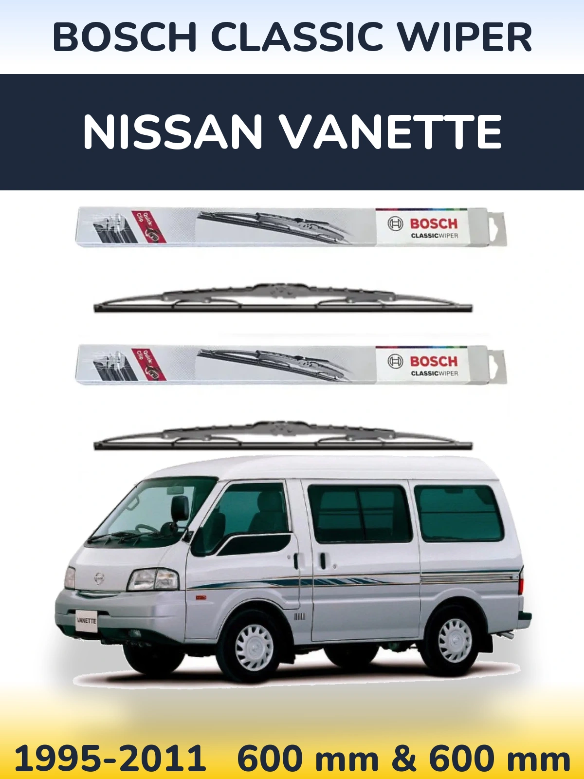 Front wiper blade set BOSCH Classic Wiper 600 & 600 mm for Nissan Vanette 1995-2011