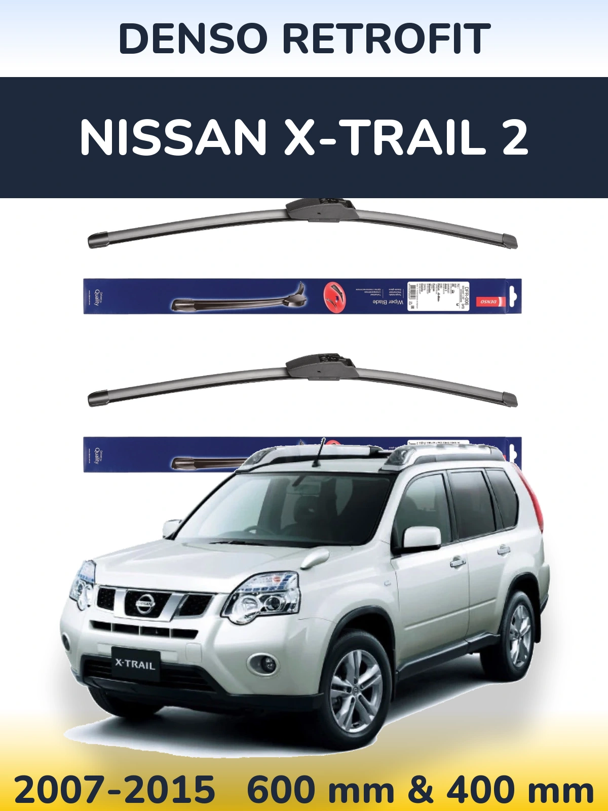Front wiper blade set Denso Retrofit 600 & 400 mm for Nissan X-Trail 2 2007-2015