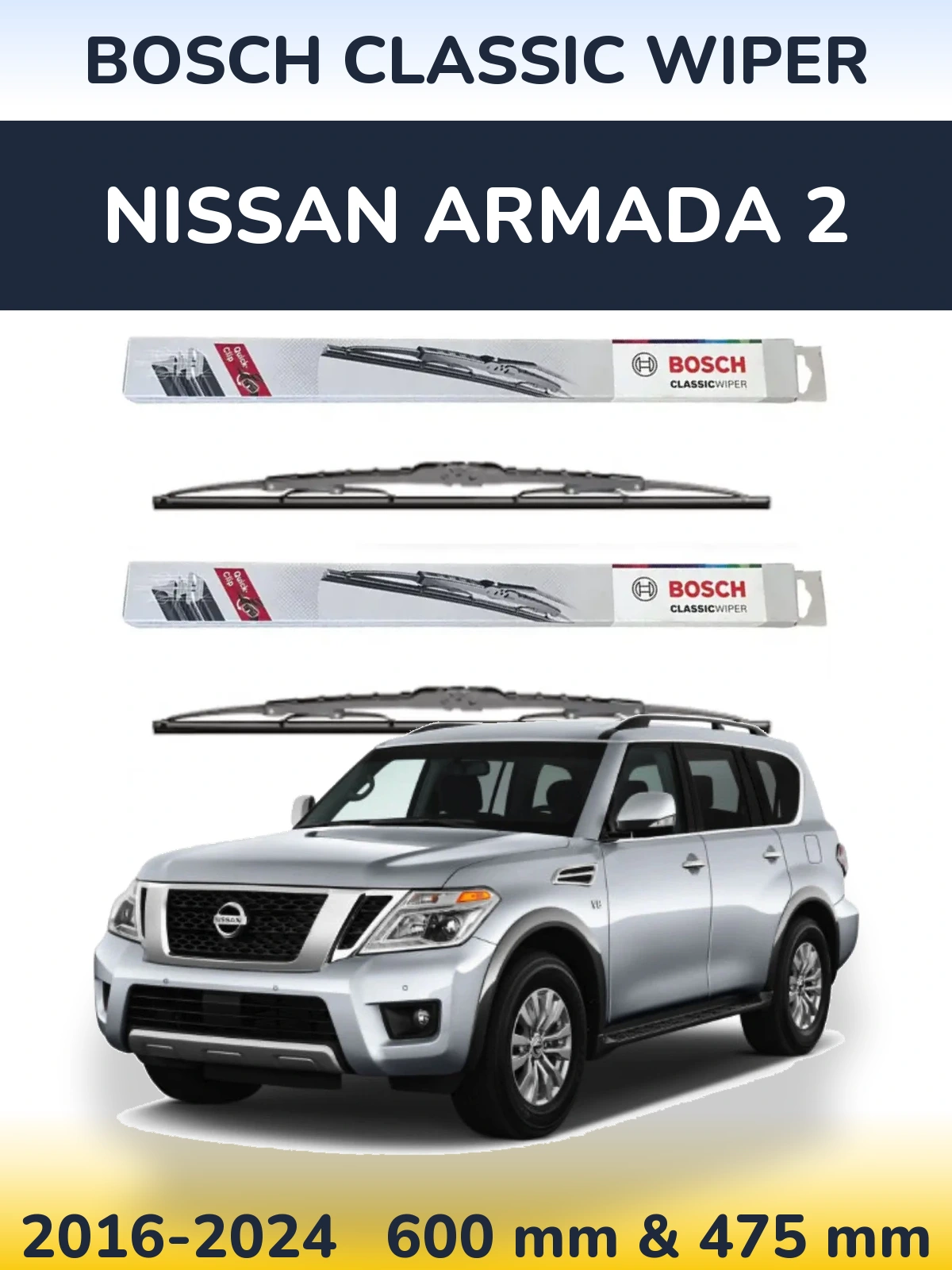 Комплект передніх щіток BOSCH Classic Wiper 600 & 475 мм для Nissan Armada 2 2016-2024