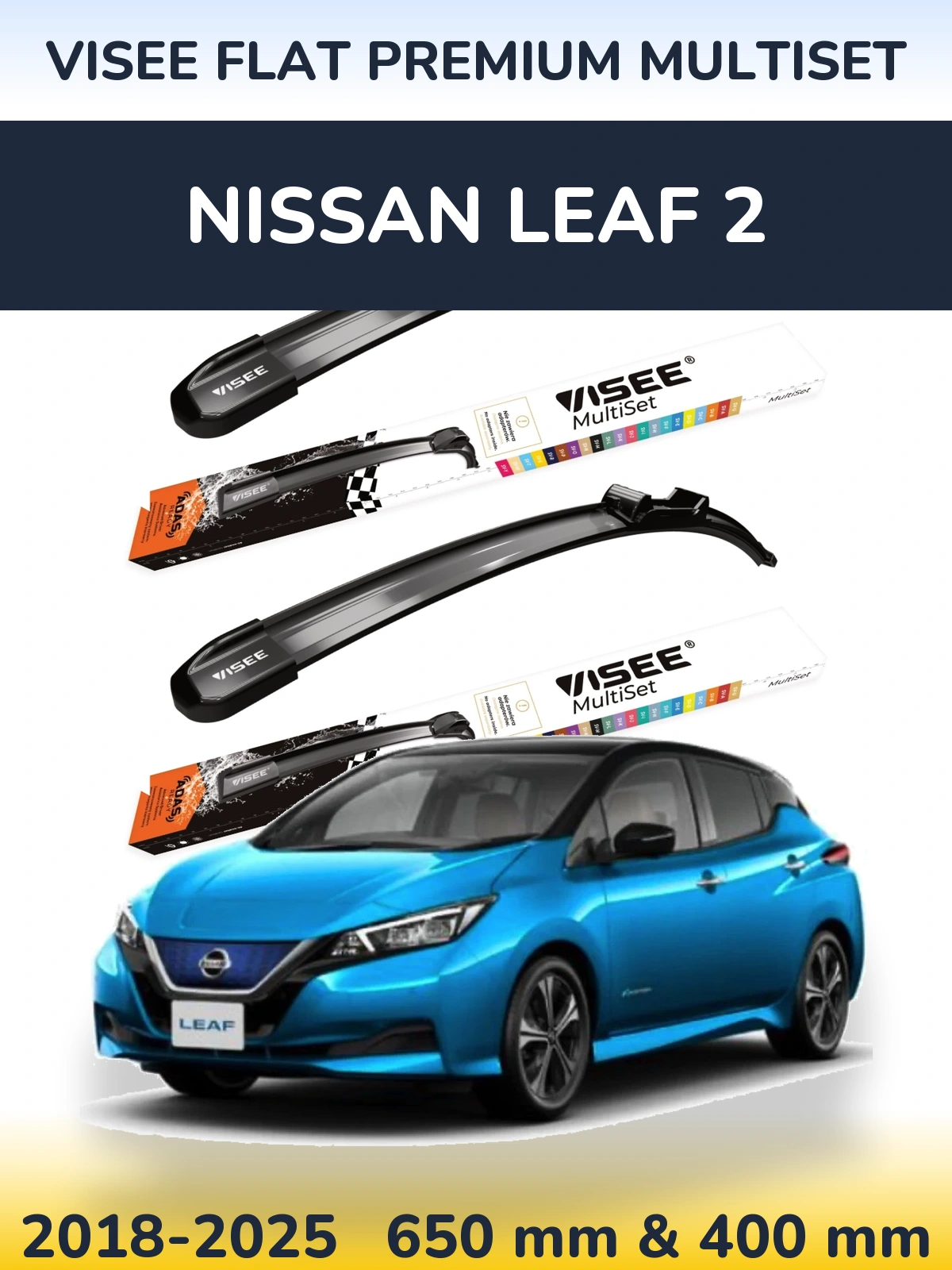 Комплект передніх щіток VISEE FLAT PREMIUM MultiSet 650 & 400 мм для Nissan Leaf 2 2018-2025