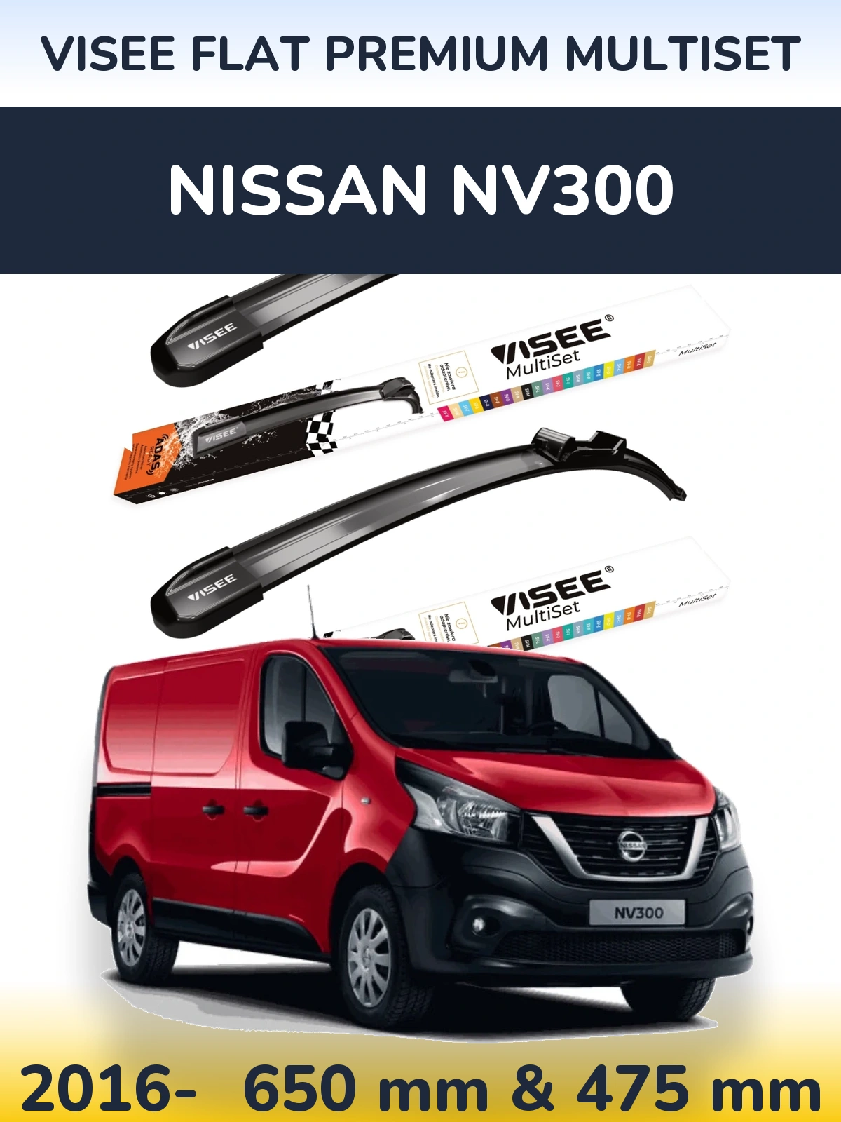 Комплект передних дворников VISEE FLAT PREMIUM MultiSet 650 & 475 мм для Nissan NV300 2016-2026
