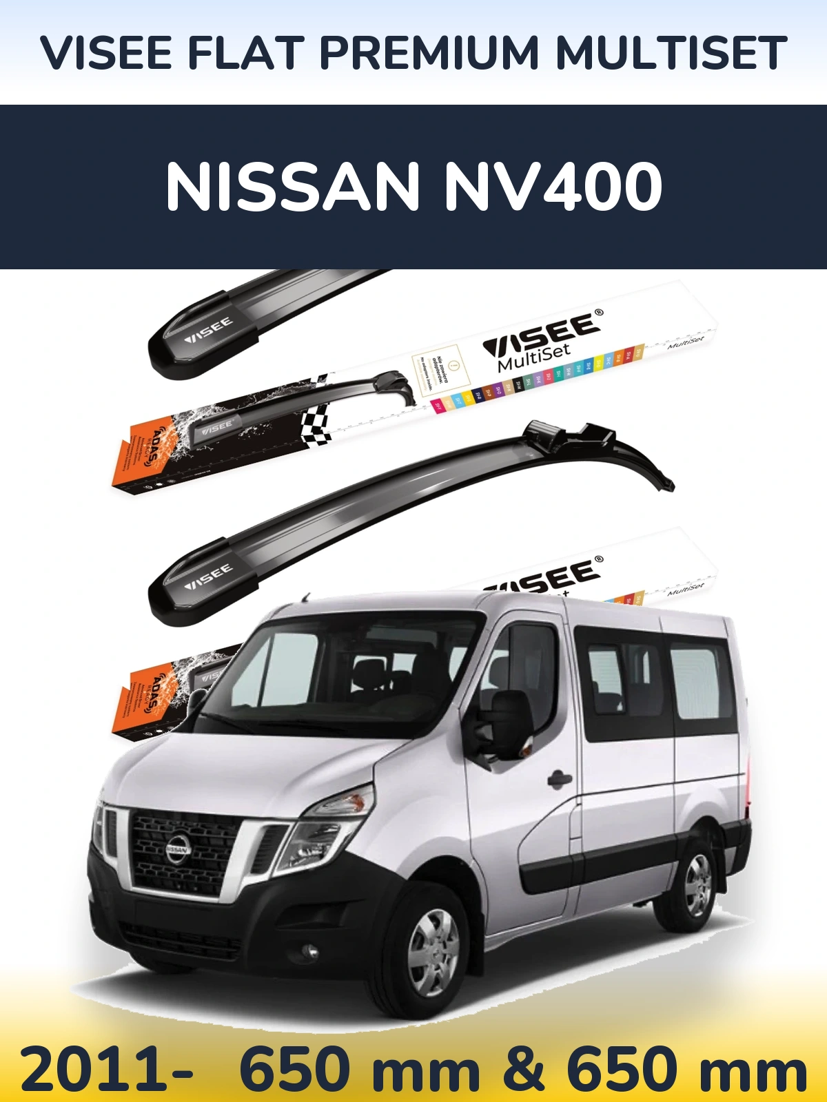 Front wiper blade set VISEE FLAT PREMIUM MultiSet 650 & 650 mm for Nissan NV400 2011-2026