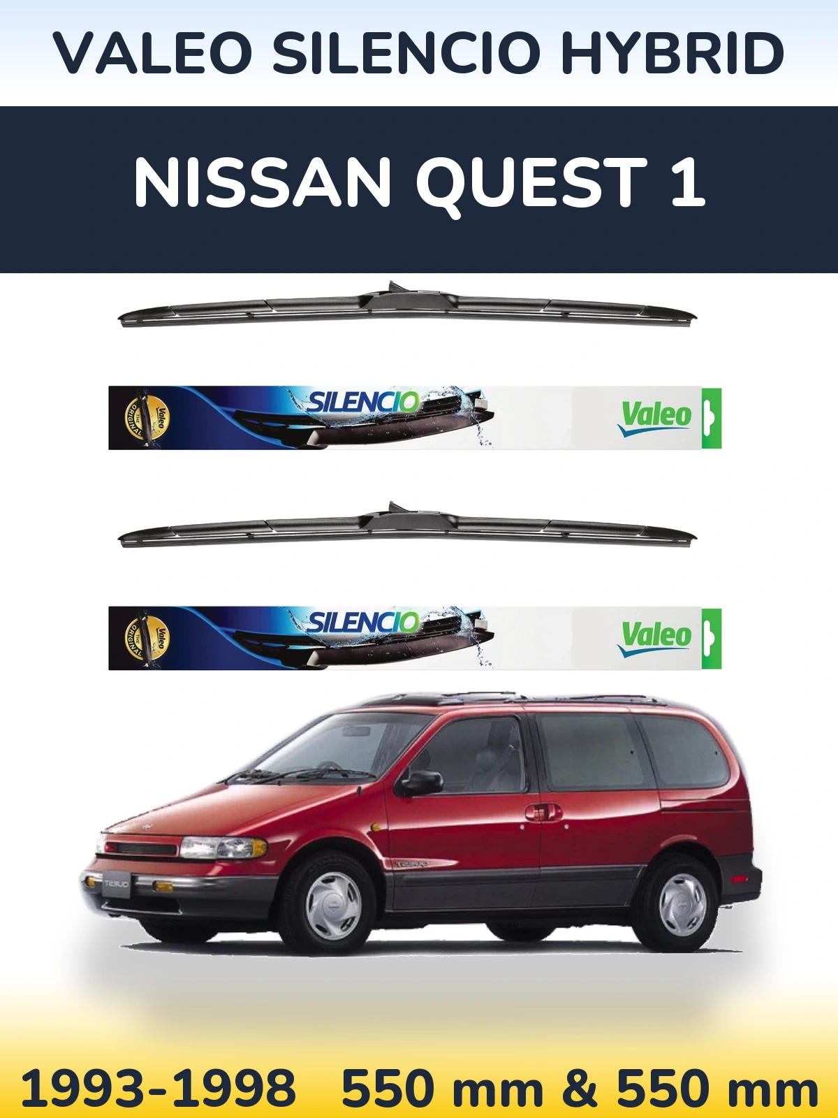 Front wiper blade set Valeo Silencio Hybrid 550 & 550 mm for Nissan Quest 1 1993-1998