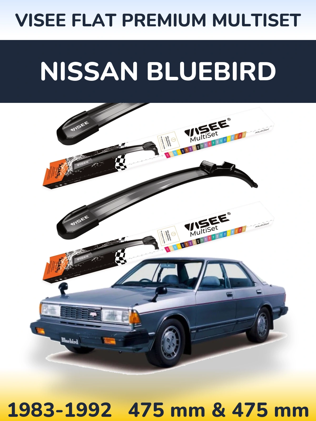 Front wiper blade set VISEE FLAT PREMIUM MultiSet 475 & 475 mm for Nissan Bluebird 1983-1992