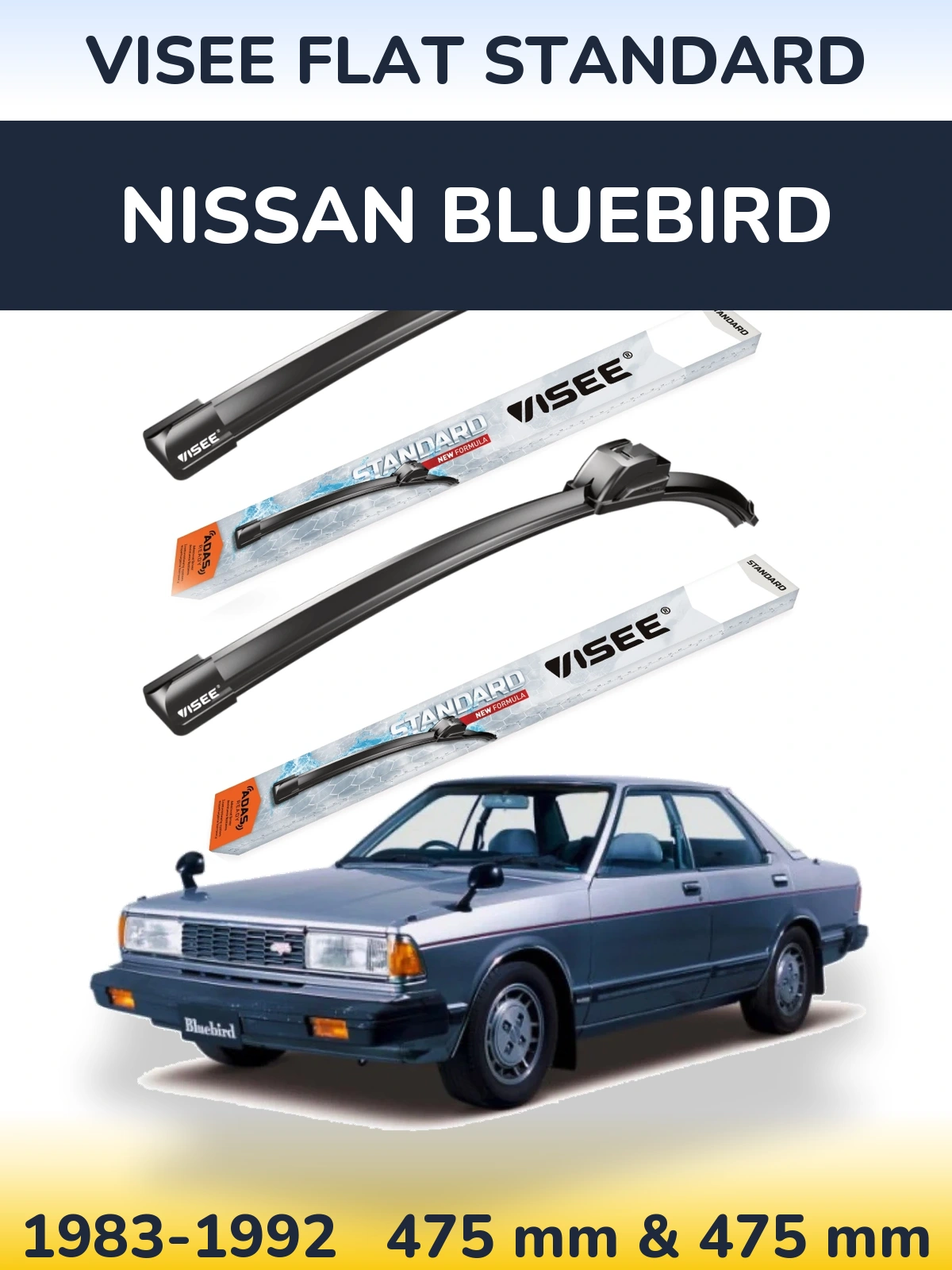 Front wiper blade set VISEE FLAT STANDARD 475 & 475 mm for Nissan Bluebird 1983-1992