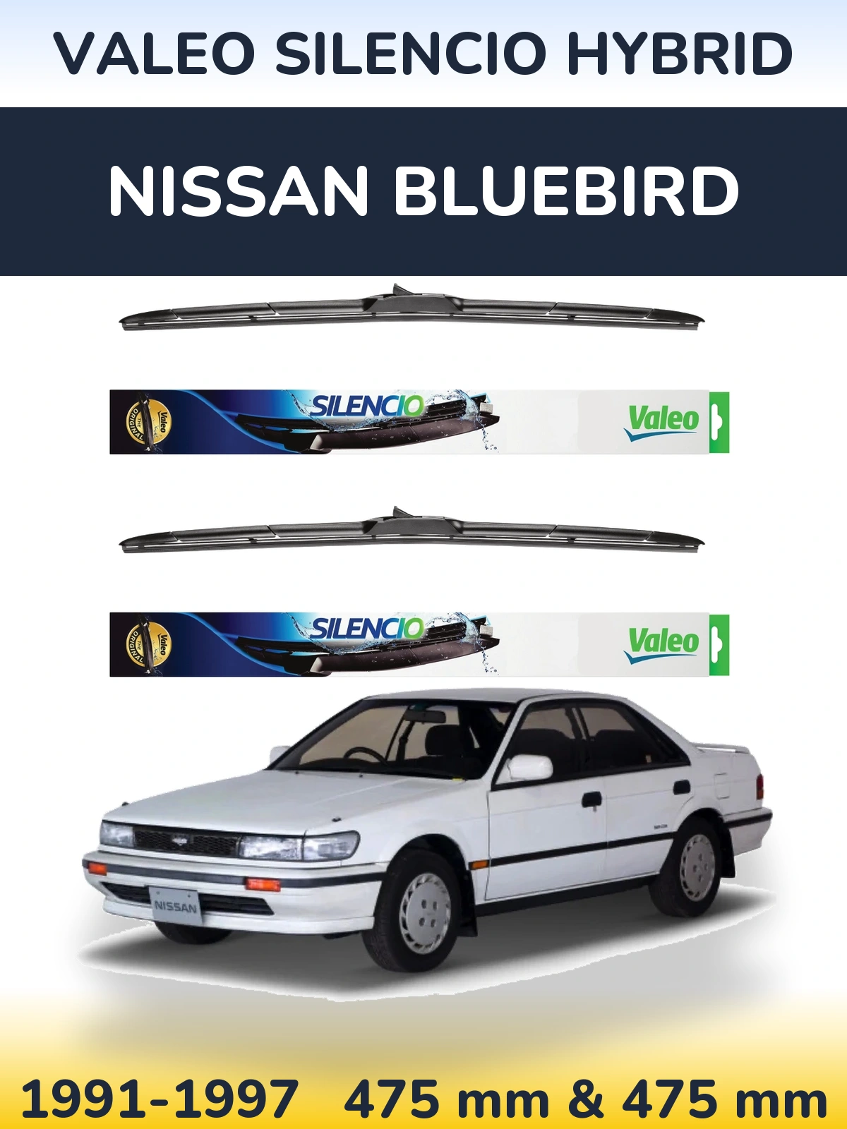 Front wiper blade set Valeo Silencio Hybrid 475 & 475 mm for Nissan Bluebird 1991-1997