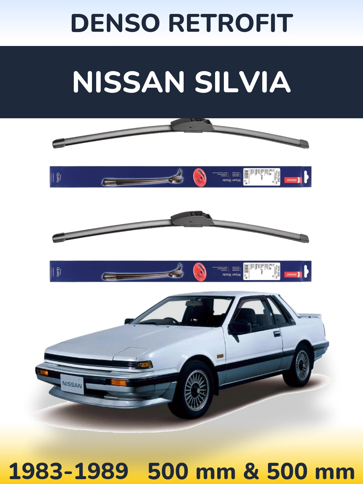 Front wiper blade set Denso Retrofit 500 & 500 mm for Nissan Silvia 1983-1989