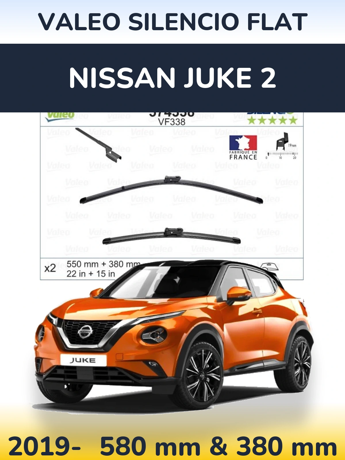 Front wiper blade set Valeo Silencio Flat 550 & 380 mm for Nissan Juke 2 2019-2026