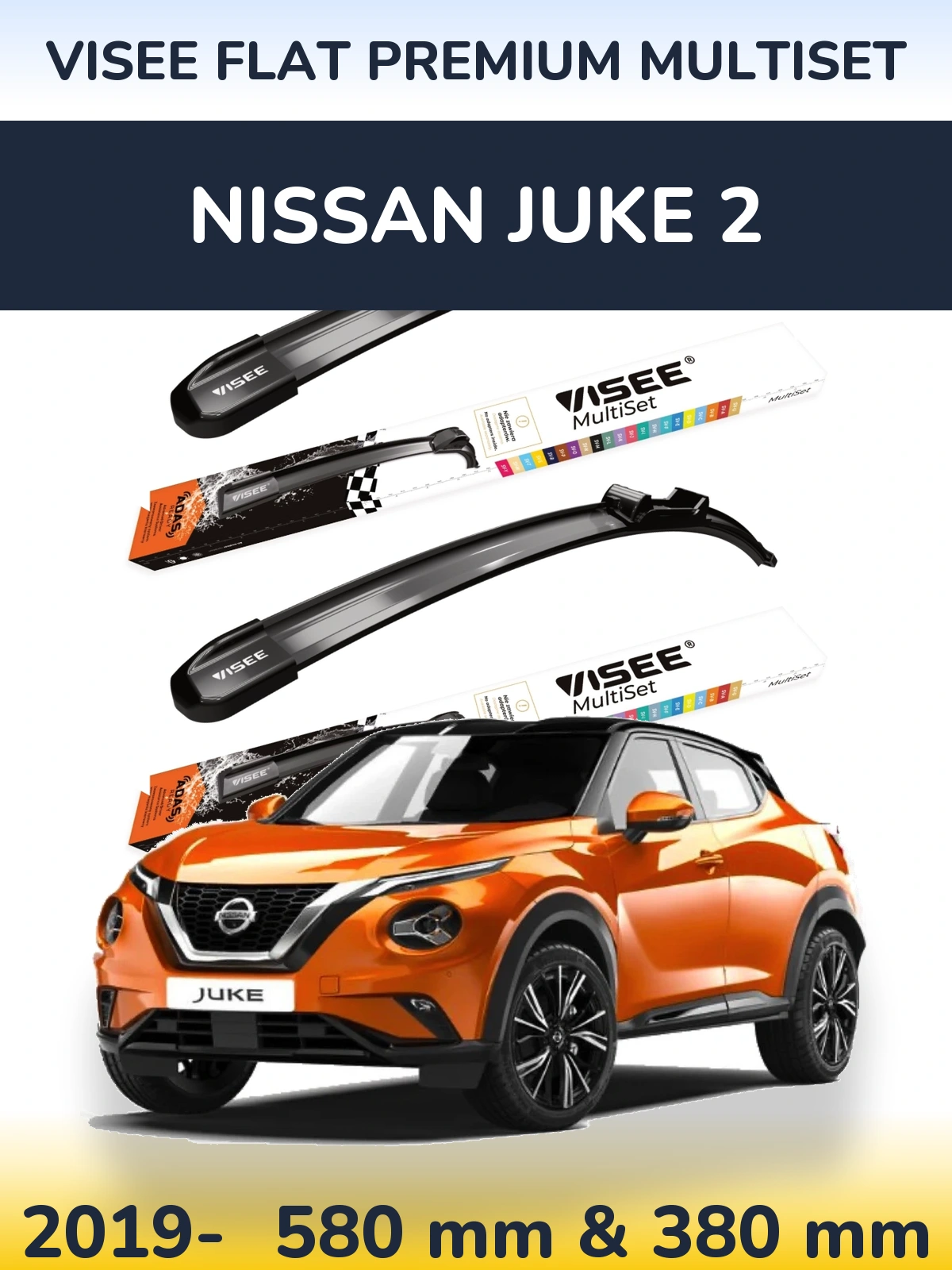 Front wiper blade set VISEE FLAT PREMIUM MultiSet 580 & 380 mm for Nissan Juke 2 2019-2026