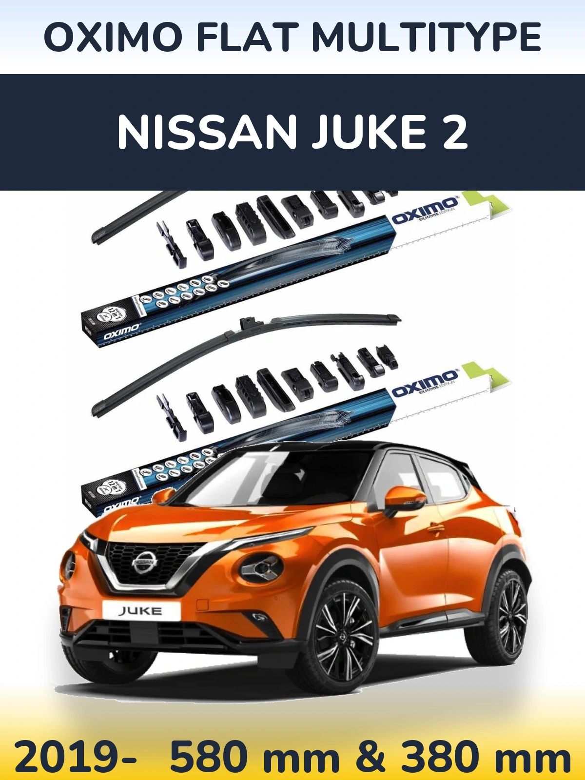 Front wiper blade set Oximo Flat MultiTipoe 580 & 380 mm for Nissan Juke 2 2019-2026