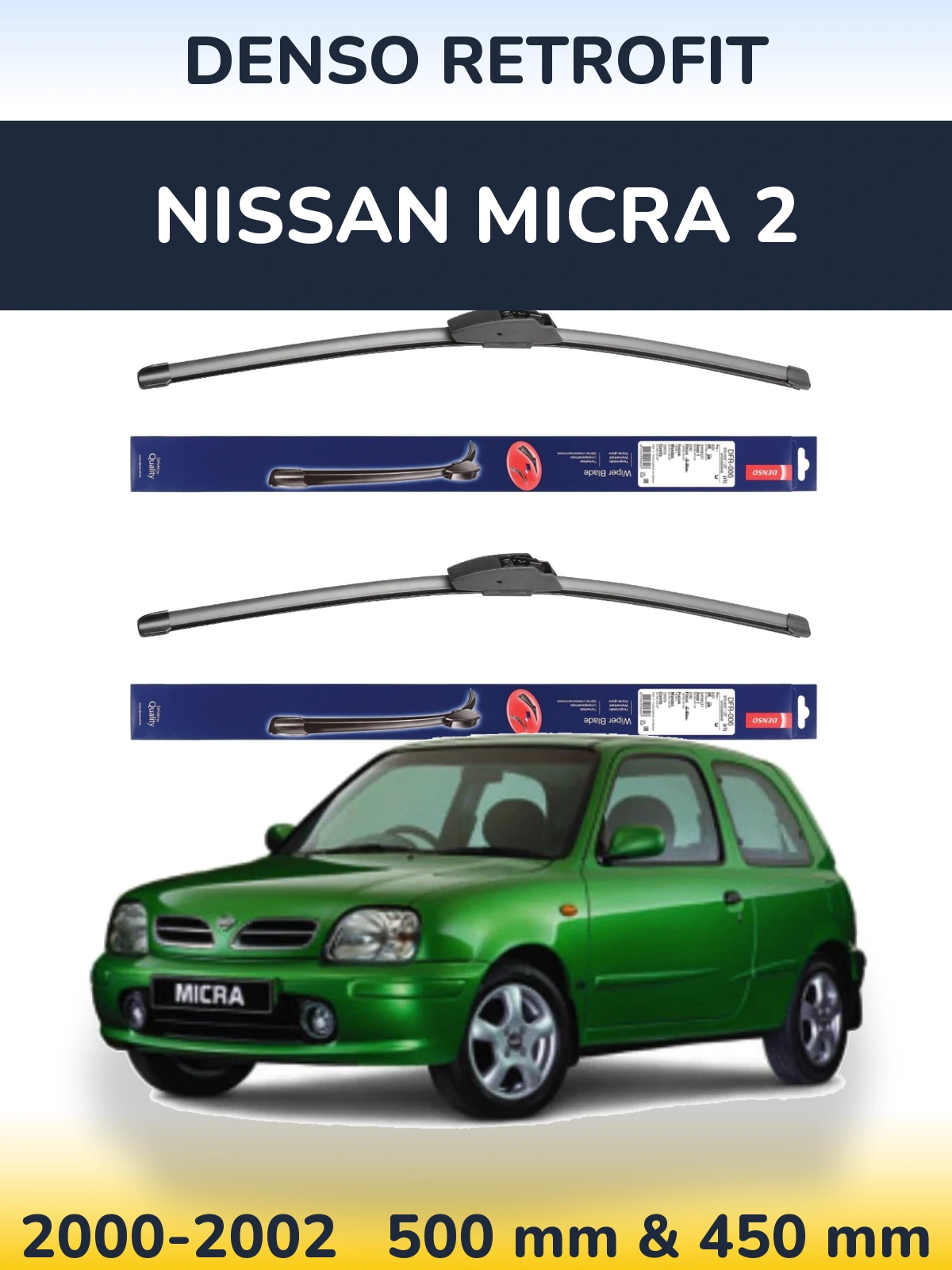 Front wiper blade set Denso Retrofit 500 & 450 mm for Nissan Micra 2 2000-2002