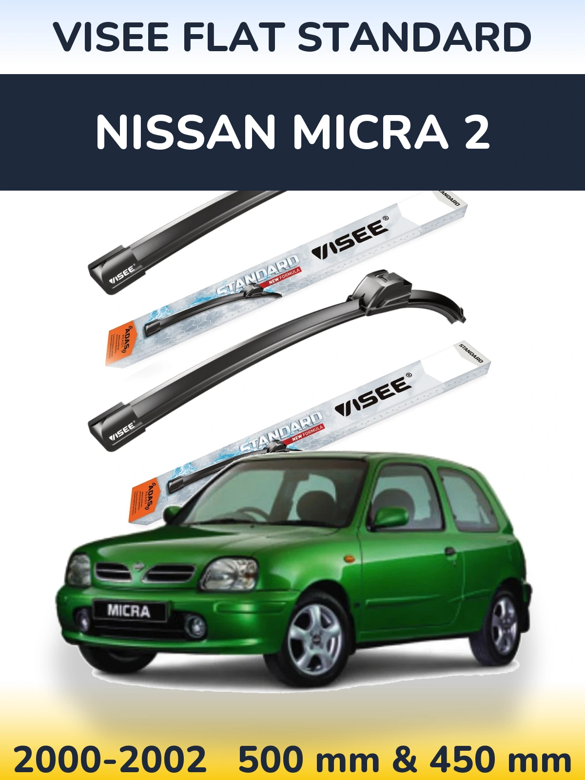 Комплект передніх щіток VISEE FLAT STANDARD 500 & 450 мм для Nissan Micra 2 2000-2002