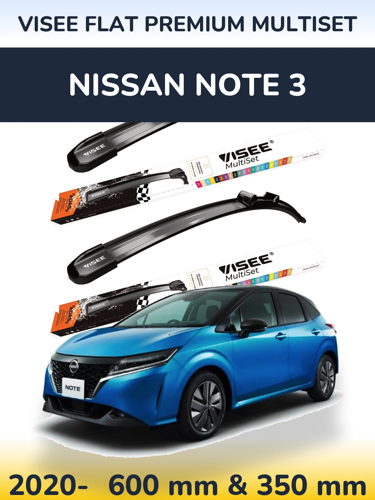 Front wiper blade set VISEE FLAT PREMIUM MultiSet 600 & 350 mm for Nissan Note 3 2020-2026