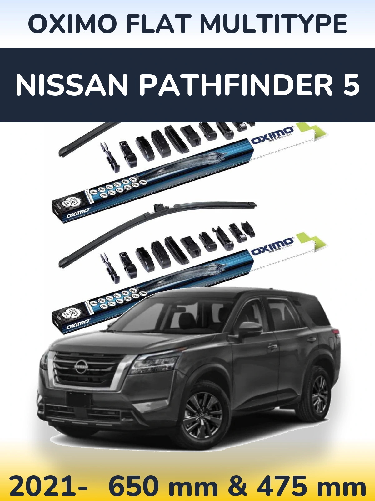 Комплект передних дворников Oximo Flat MultiТипe 650 & 475 мм для Nissan Pathfinder 5 2021-2026