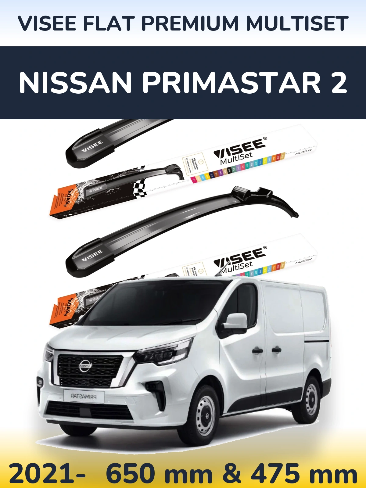 Front wiper blade set VISEE FLAT PREMIUM MultiSet 650 & 475 mm for Nissan Primastar 2 2021-2026