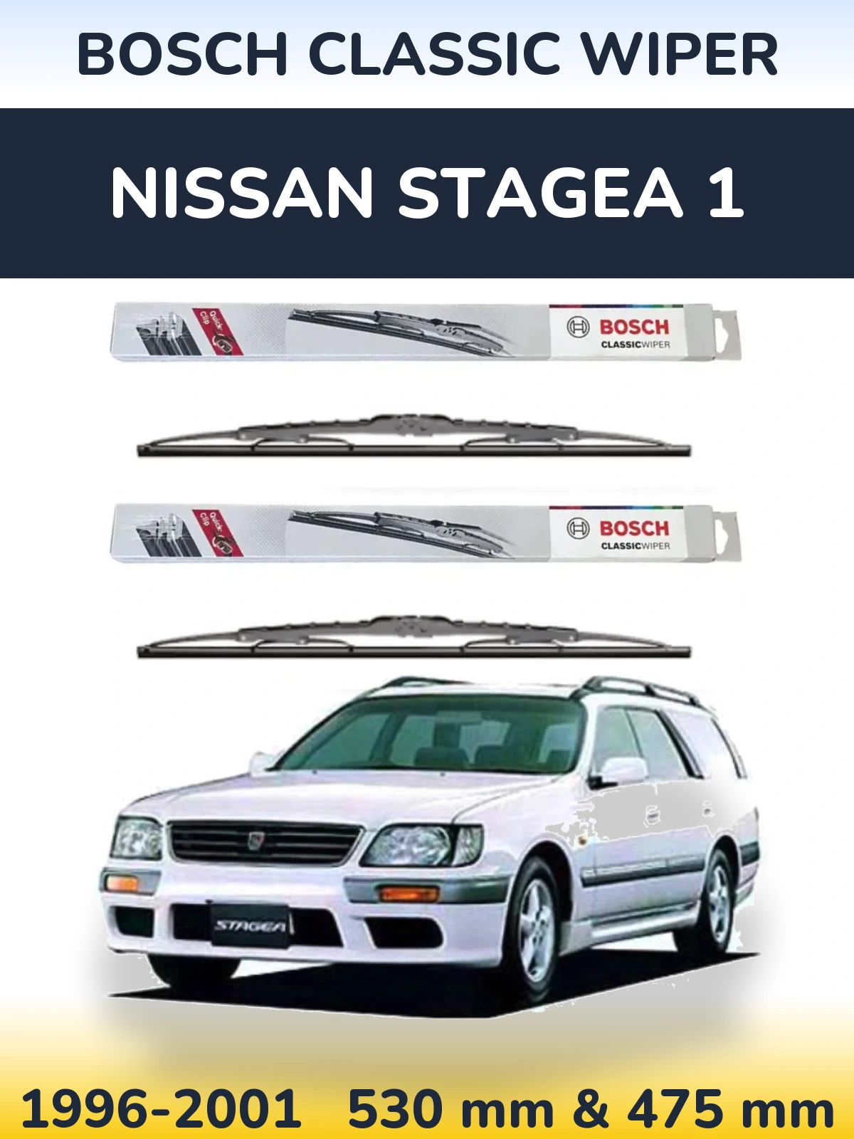 Front wiper blade set BOSCH Classic Wiper 530 & 475 mm for Nissan Stagea 1 1996-2001