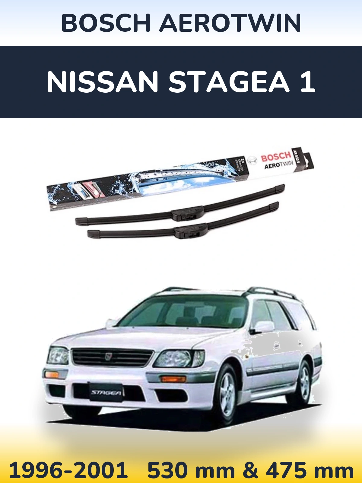 Front wiper blade set BOSCH AeroTwin 530 & 475 mm for Nissan Stagea 1 1996-2001
