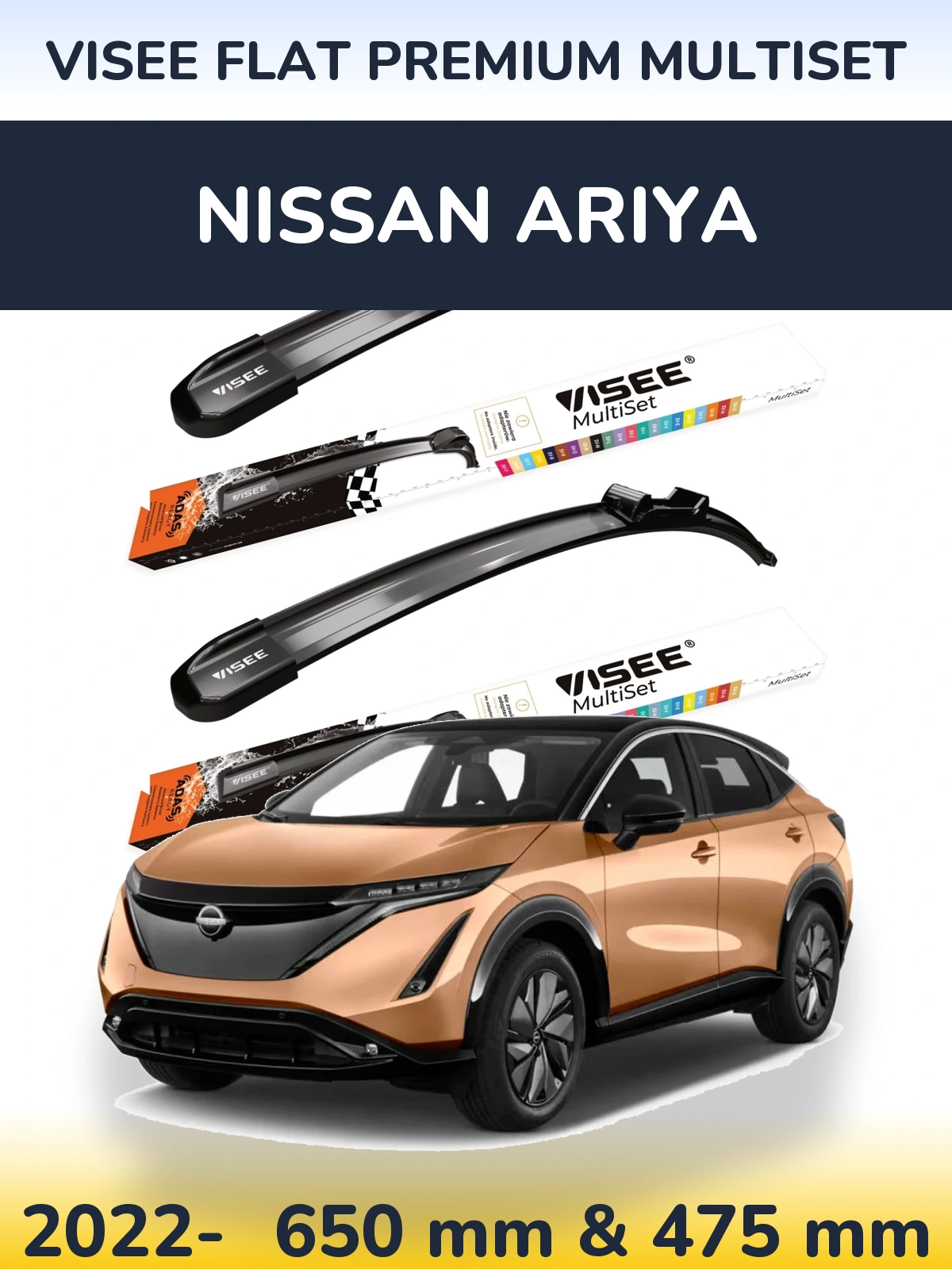 Комплект передніх щіток VISEE FLAT PREMIUM MultiSet 650 & 475 мм для Nissan Ariya 2022-2026
