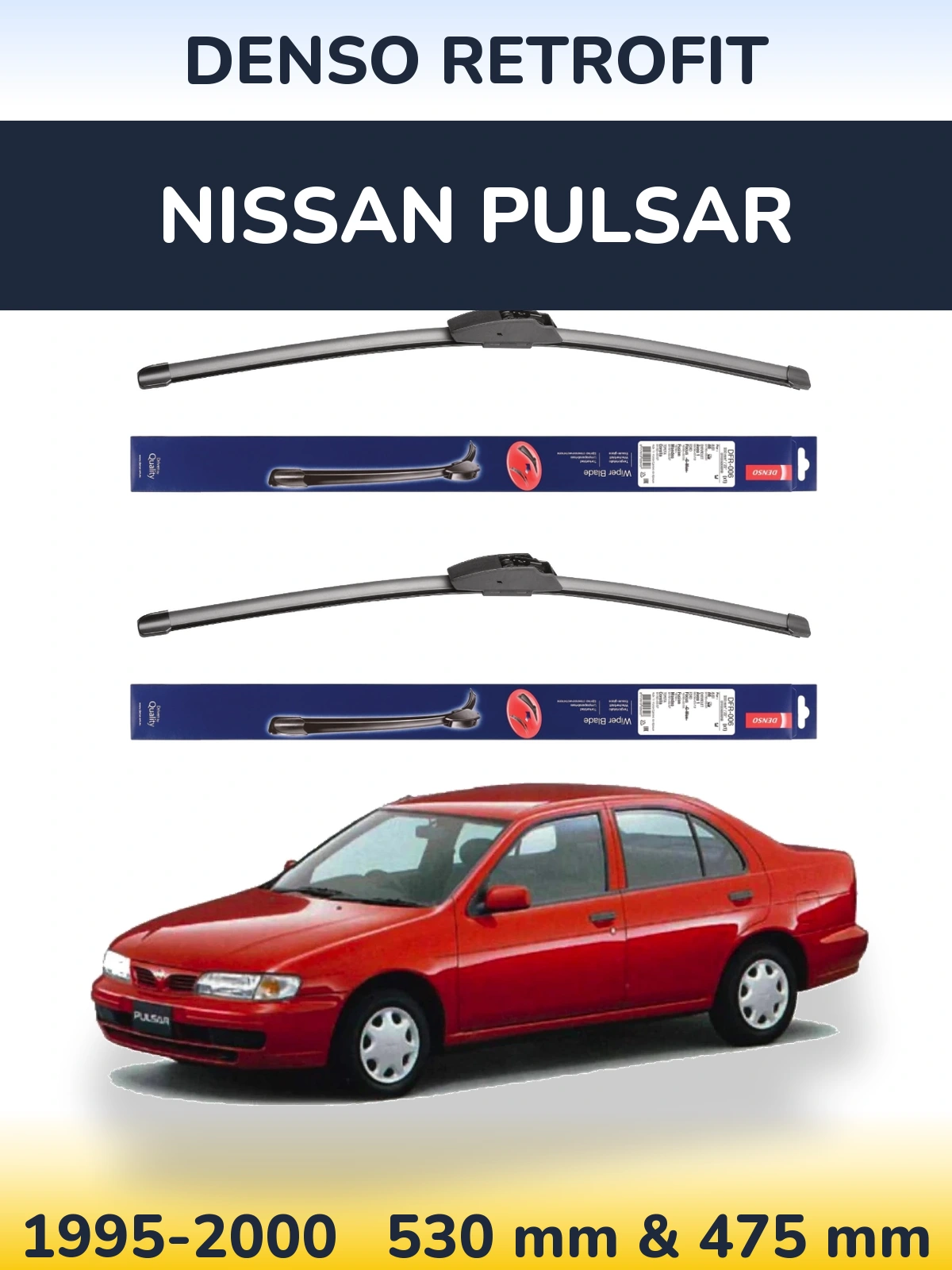 Front wiper blade set Denso Retrofit 530 & 475 mm for Nissan Pulsar 1995-2000