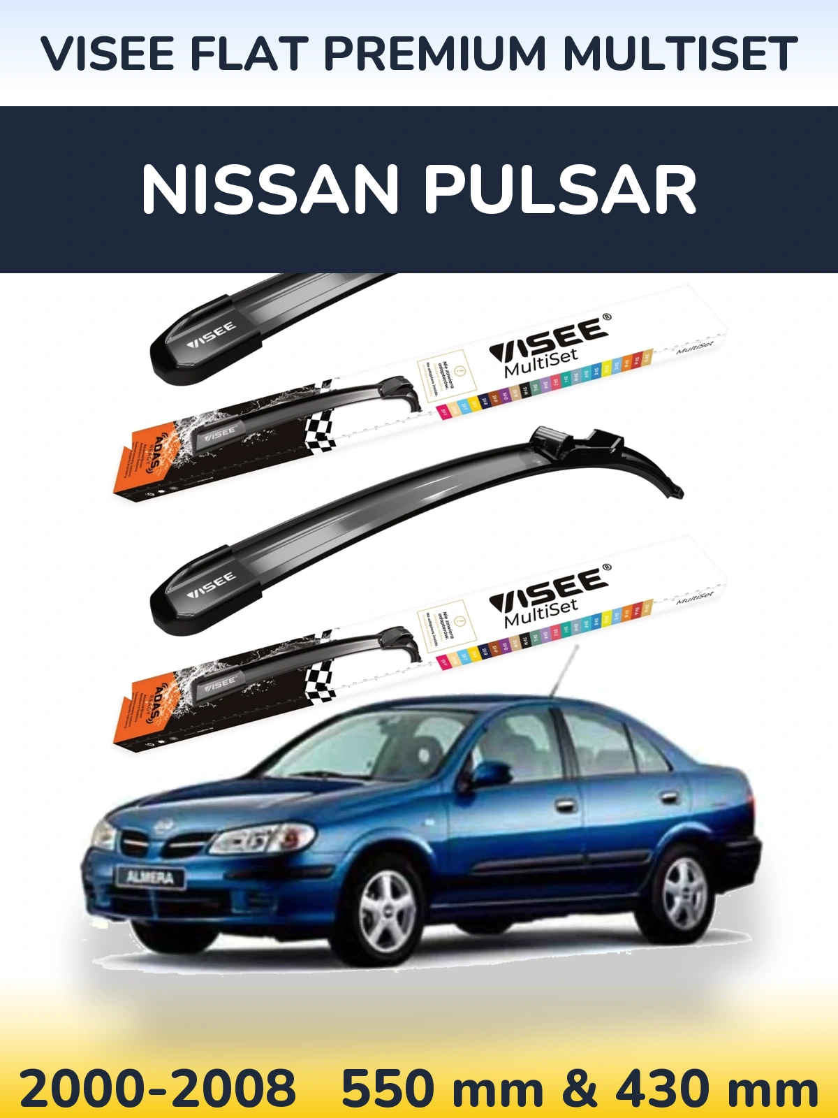Front wiper blade set VISEE FLAT PREMIUM MultiSet 550 & 430 mm for Nissan Pulsar 2000-2008