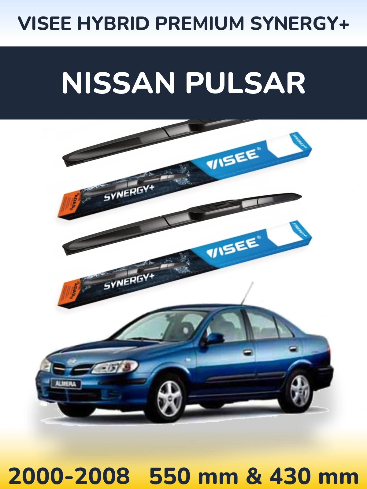 Front wiper blade set VISEE HYBRID PREMIUM SYNERGY+ 550 & 430 mm for Nissan Pulsar 2000-2008