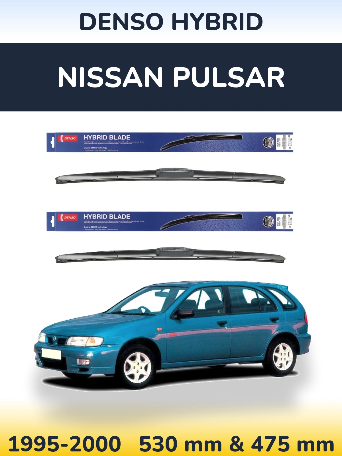 Front wiper blade set Denso Hybrid 530 & 475 mm for Nissan Pulsar 1995-2000