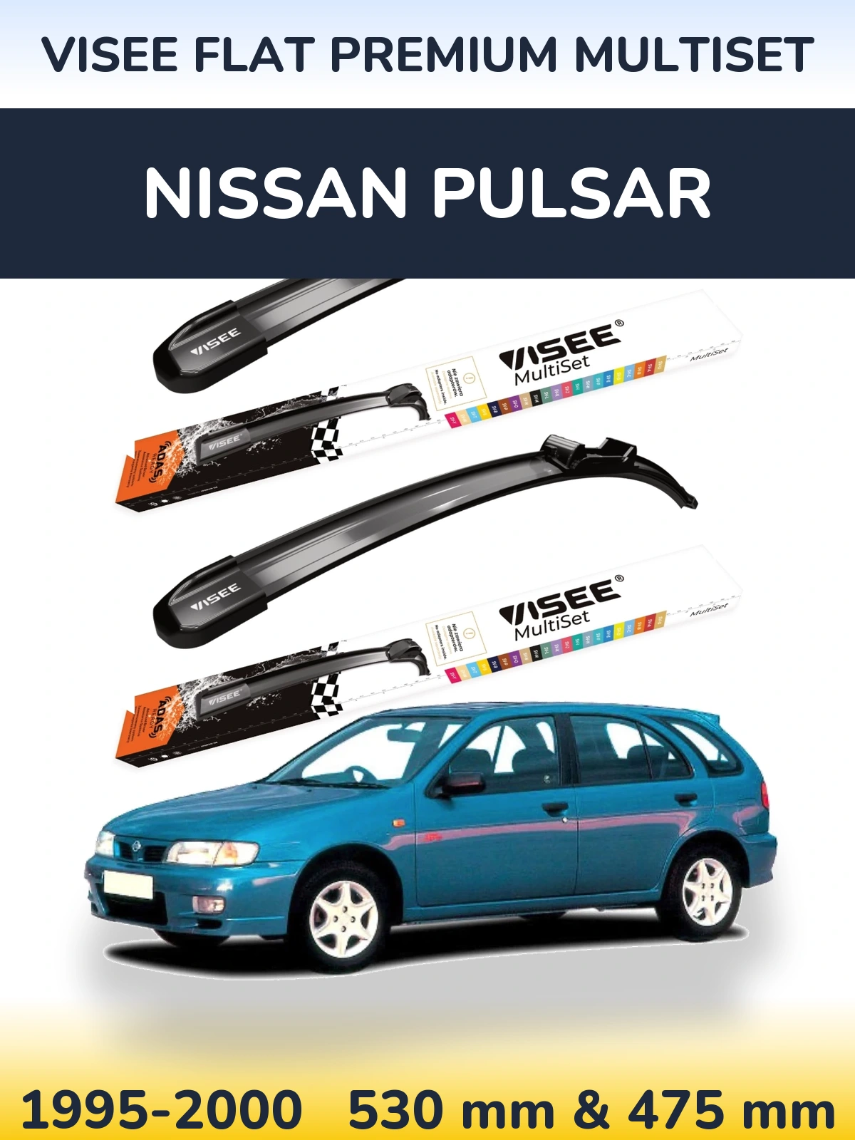 Front wiper blade set VISEE FLAT PREMIUM MultiSet 530 & 475 mm for Nissan Pulsar 1995-2000