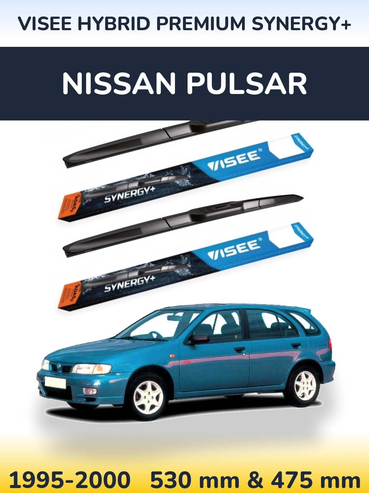 Front wiper blade set VISEE HYBRID PREMIUM SYNERGY+ 530 & 475 mm for Nissan Pulsar 1995-2000