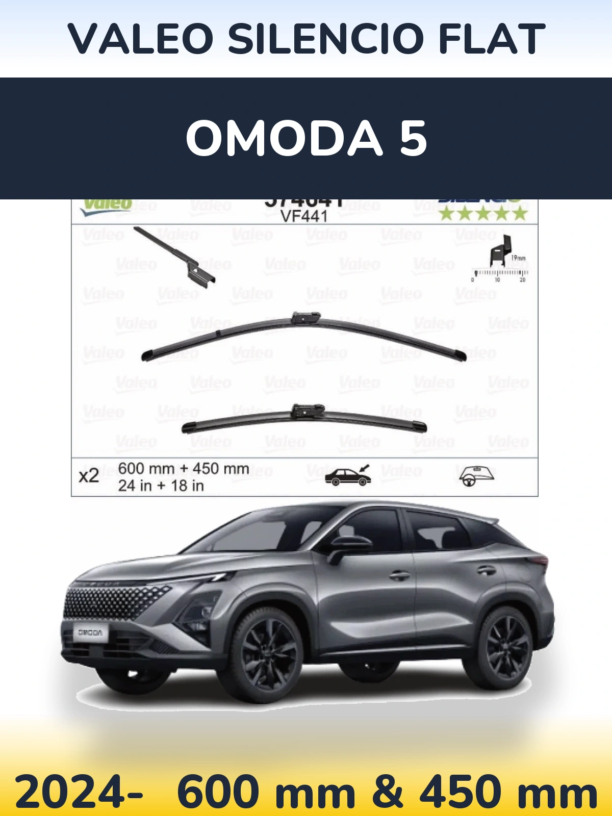 Front wiper blade set Valeo Silencio Flat 600 & 450 mm for Omoda 5 2024-2026
