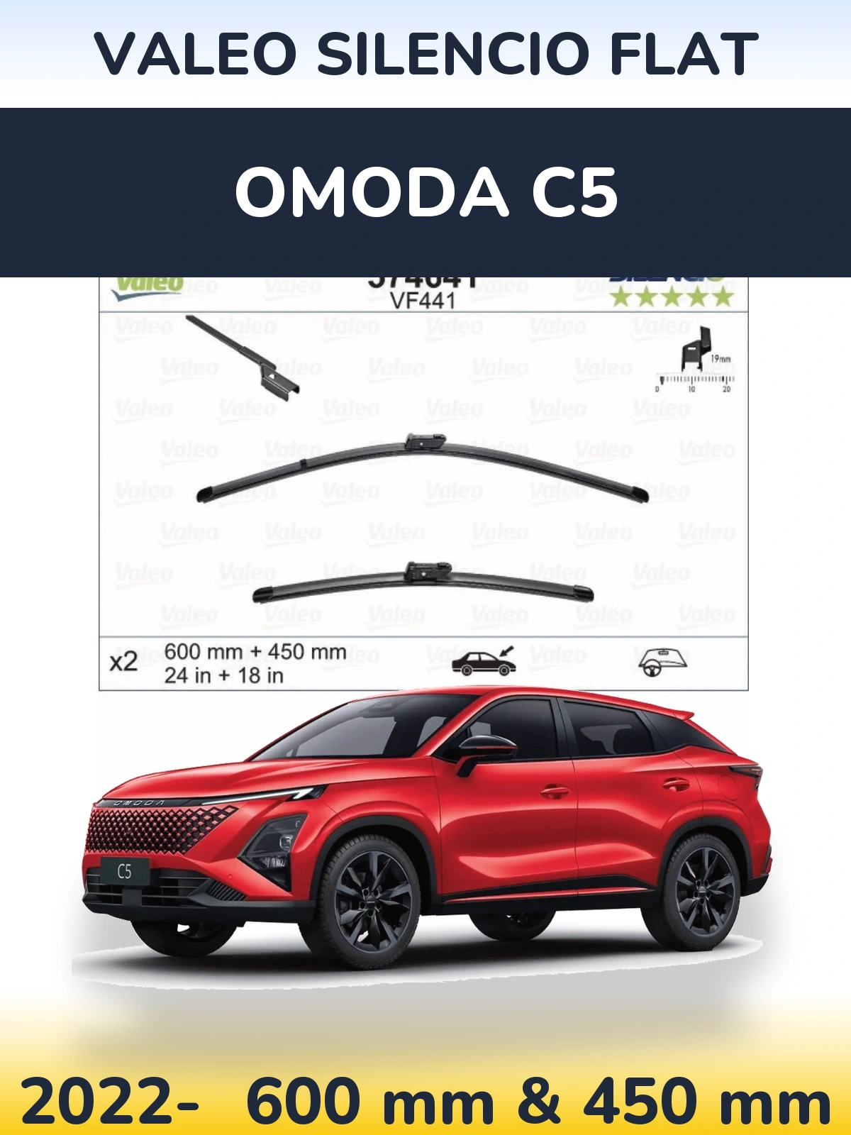 Front wiper blade set Valeo Silencio Flat 600 & 450 mm for Omoda C5 2022-2026