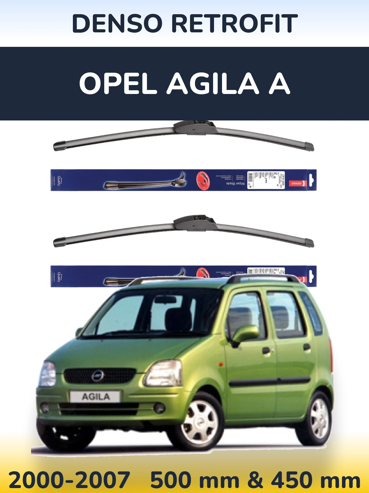 Front wiper blade set Denso Retrofit 500 & 450 mm for Opel Agila A 2000-2007