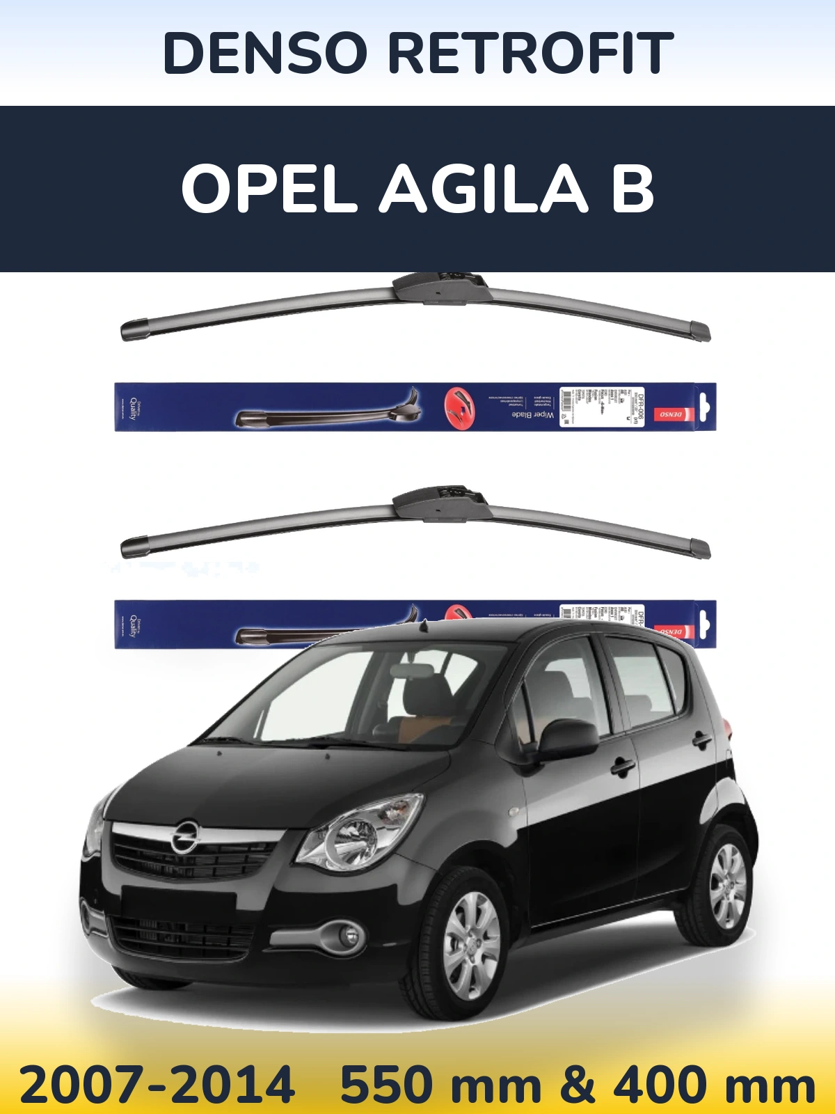 Front wiper blade set Denso Retrofit 550 & 400 mm for Opel Agila B 2007-2014